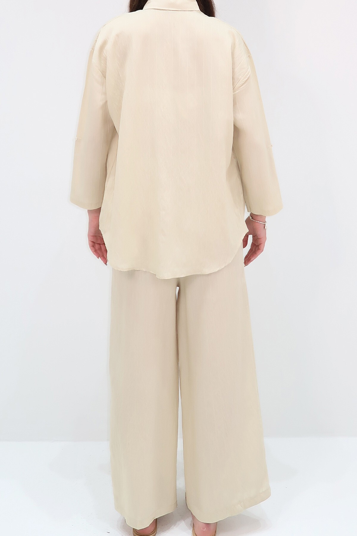 Bej Yırtık Çift Cepli Dokulu Dokuma Takım