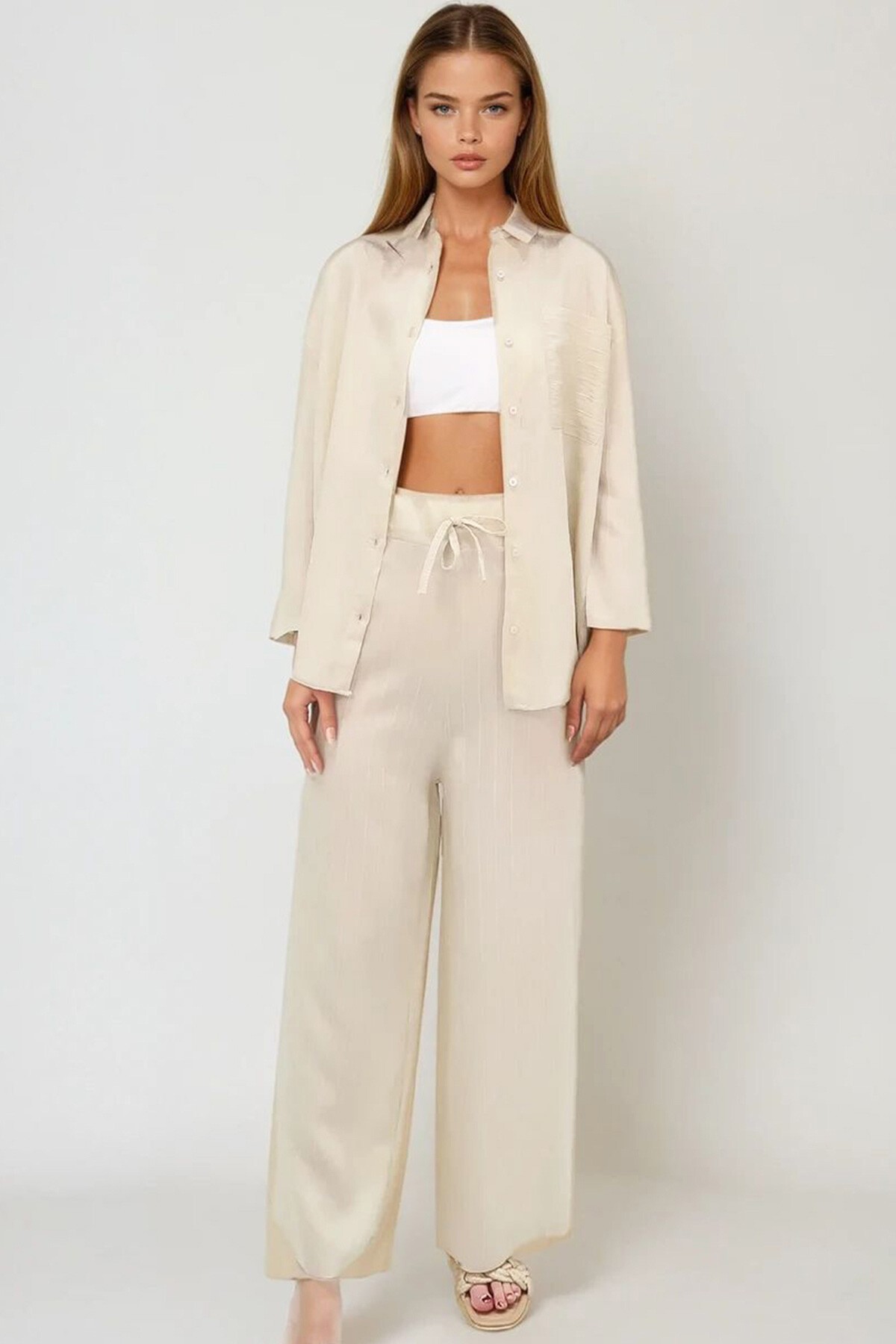 Bej Yırtık Çift Cepli Dokulu Dokuma Takım