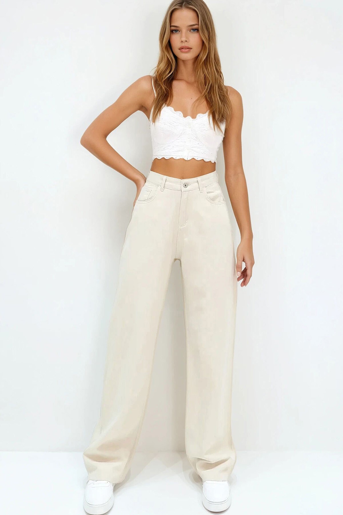 Bej Yüksek Bel Beş Cepli Wide Leg Yazlık Gabardin Pantolon