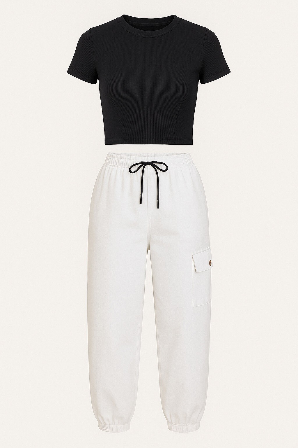 Beyaz Beli Ve Paçası Lastikli Cepli Kargo Jogger Pantolon