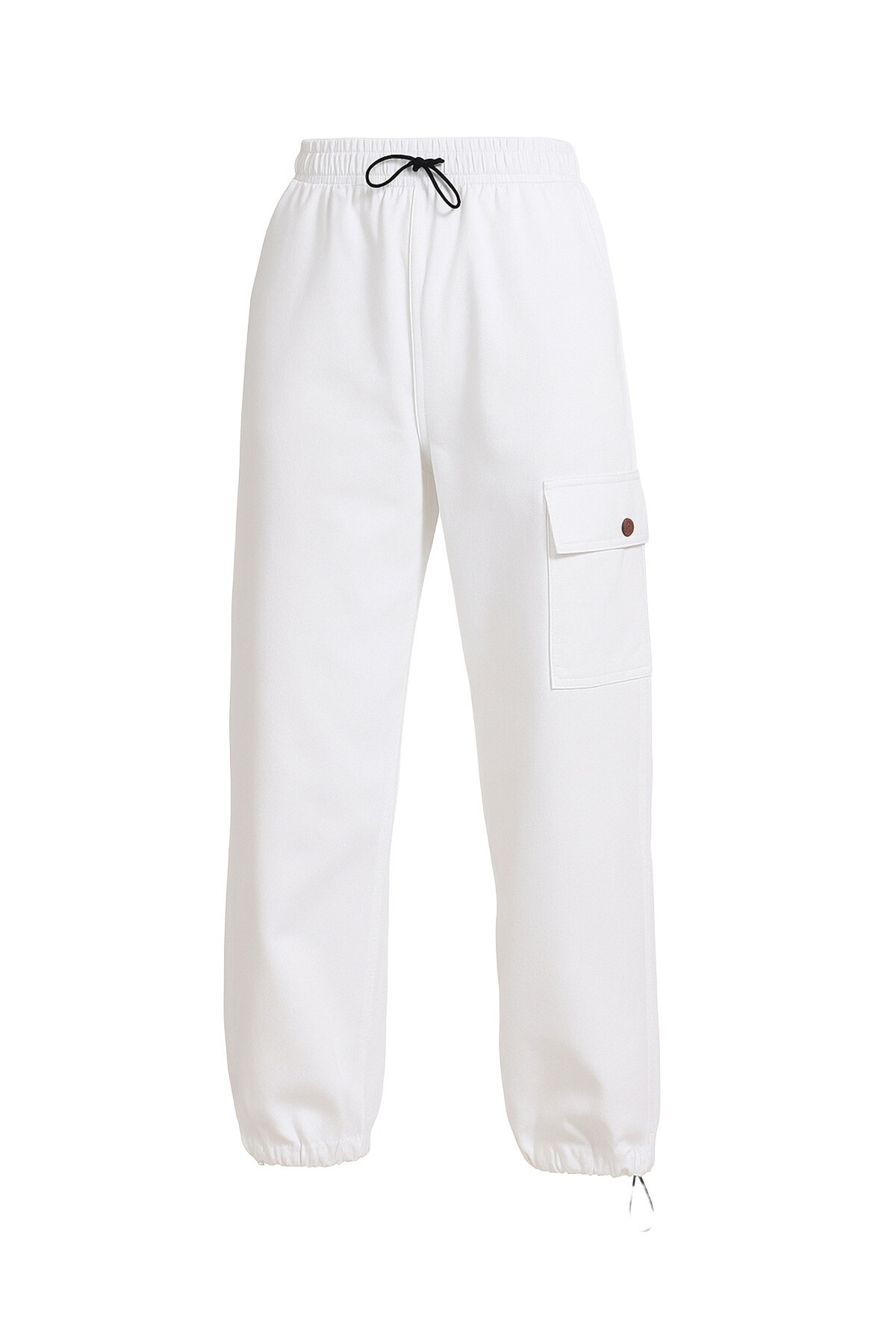 Beyaz Beli Ve Paçası Lastikli Cepli Kargo Jogger Pantolon