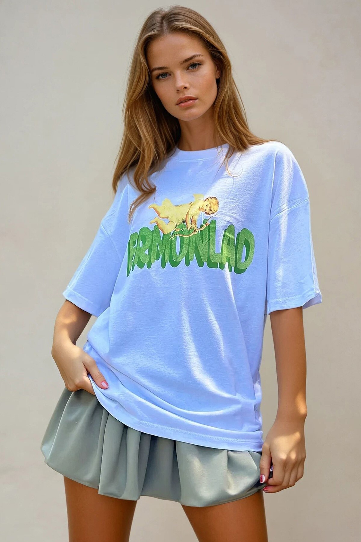 Beyaz Bisiklet Yaka Eros Baskılı Oversize Unisez T Shirt