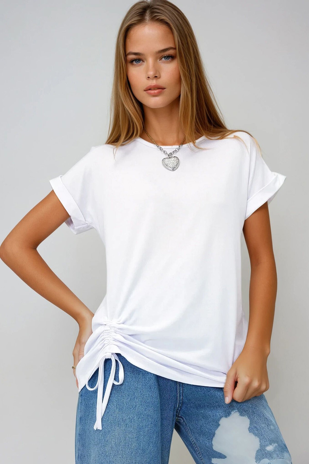 Beyaz Bisiklet Yaka Önü Büzdürmeli Duble Kol Basic Bluz