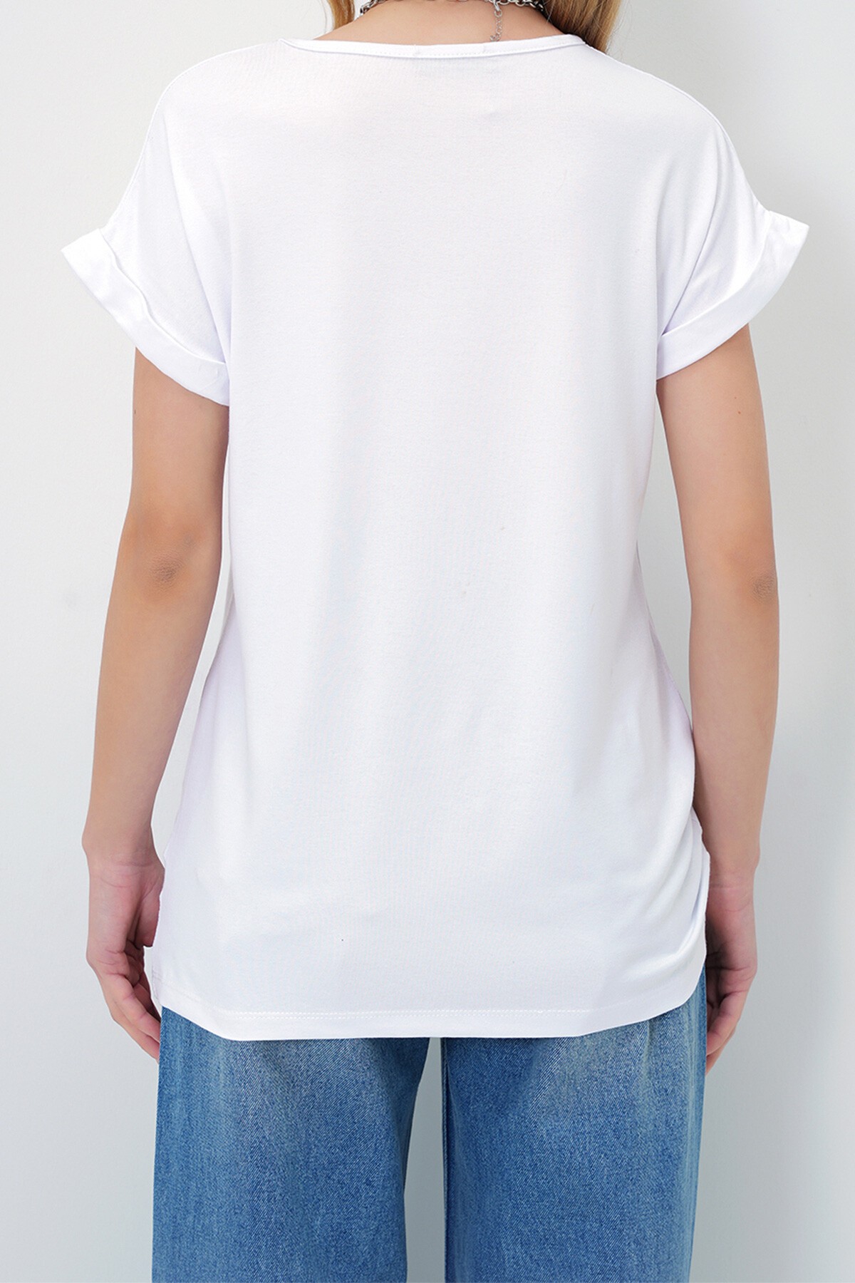 Beyaz Bisiklet Yaka Önü Büzdürmeli Duble Kol Basic Bluz