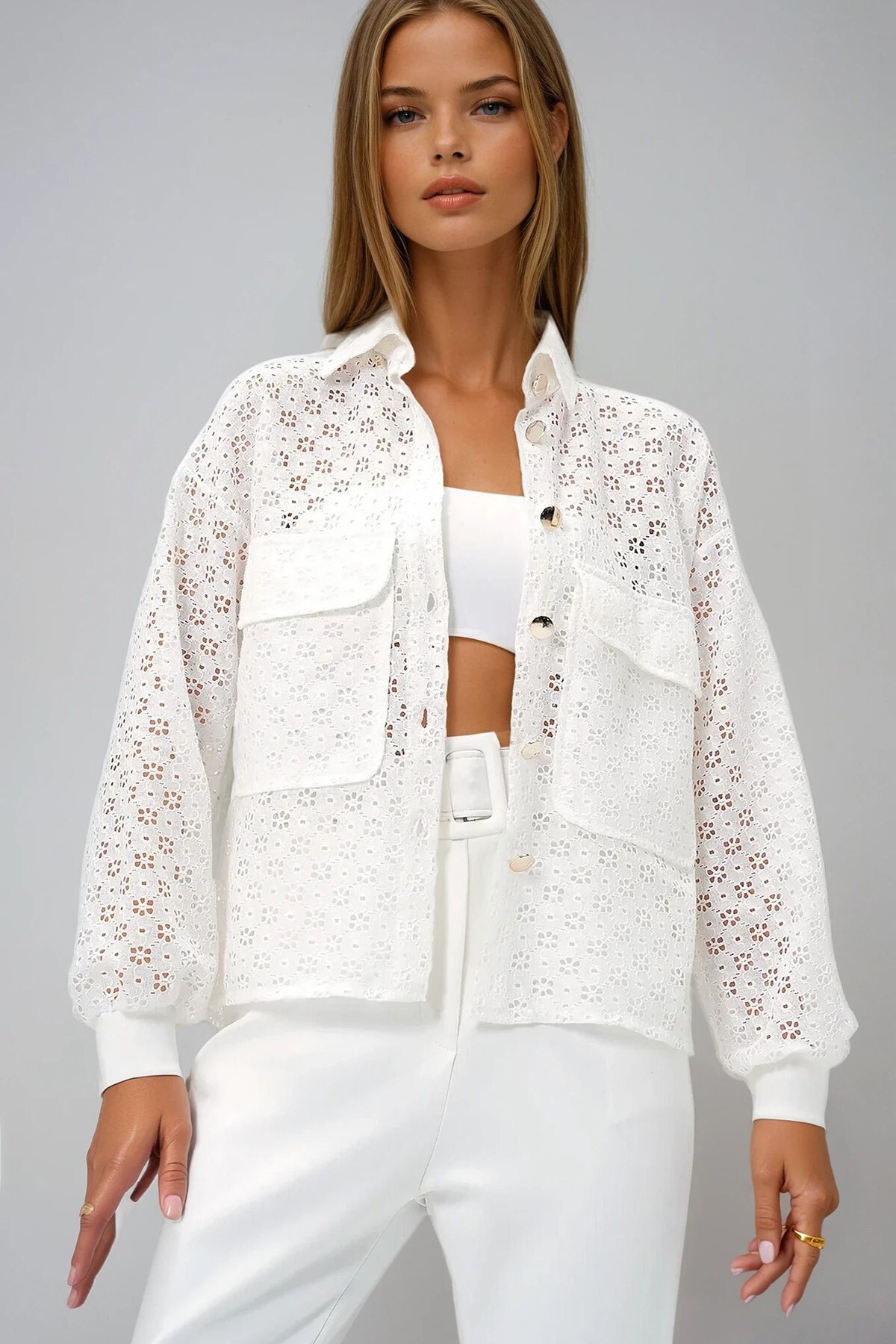 Beyaz Çift Cepli Gold Düğme Detaylı Fisto Ceket