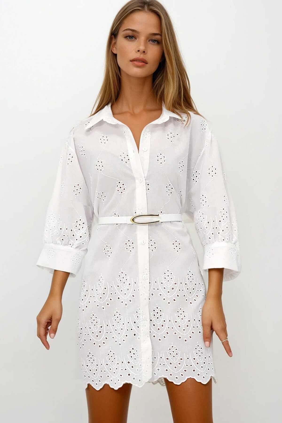Beyaz Fisto Nakış İşlemeli Oversize Dokuma Gömlek Elbise