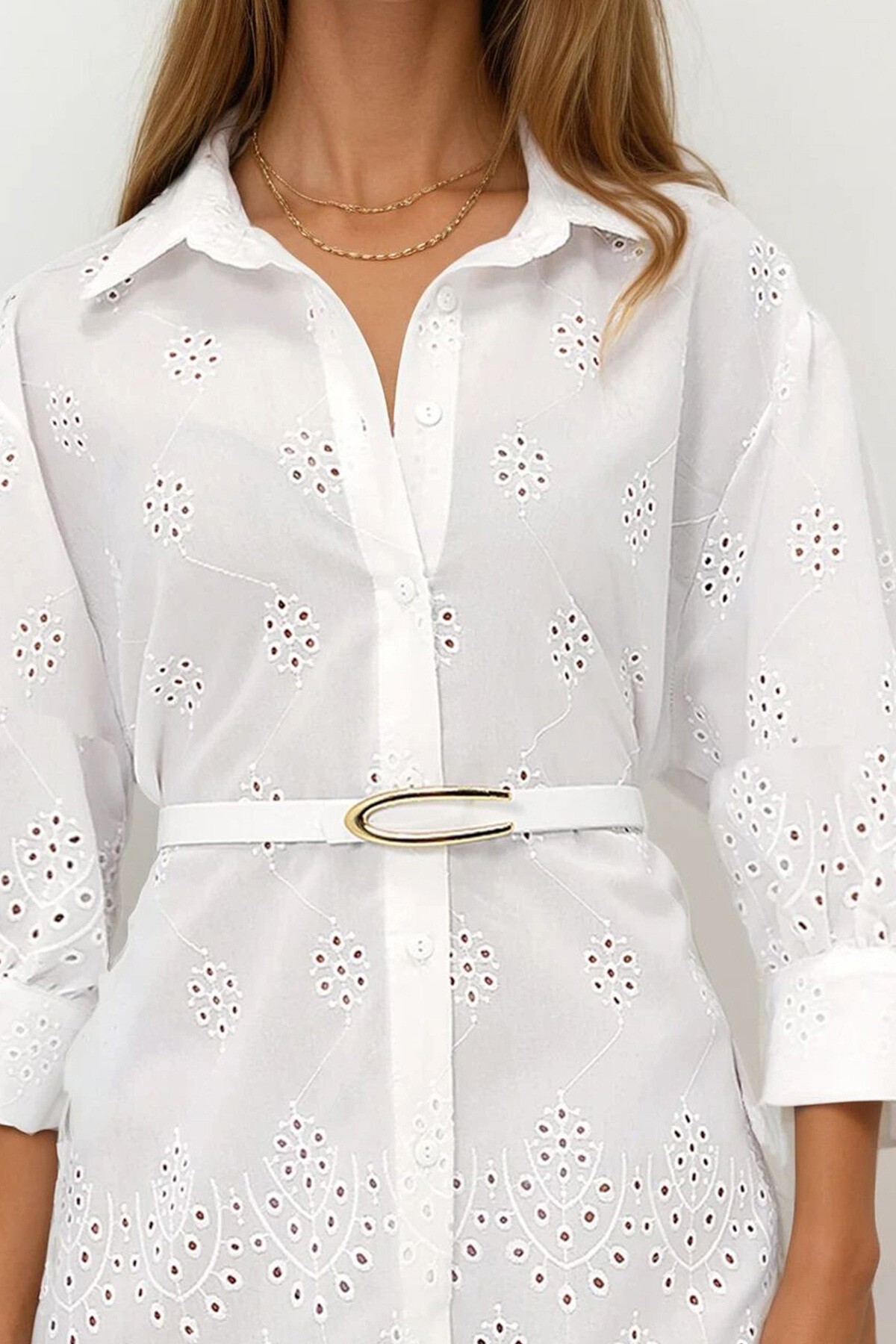 Beyaz Fisto Nakış İşlemeli Oversize Dokuma Gömlek Elbise