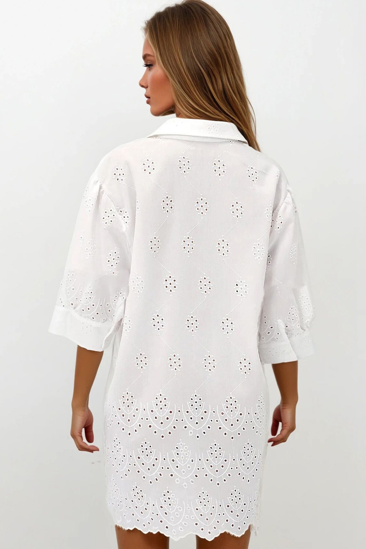 Beyaz Fisto Nakış İşlemeli Oversize Dokuma Gömlek Elbise