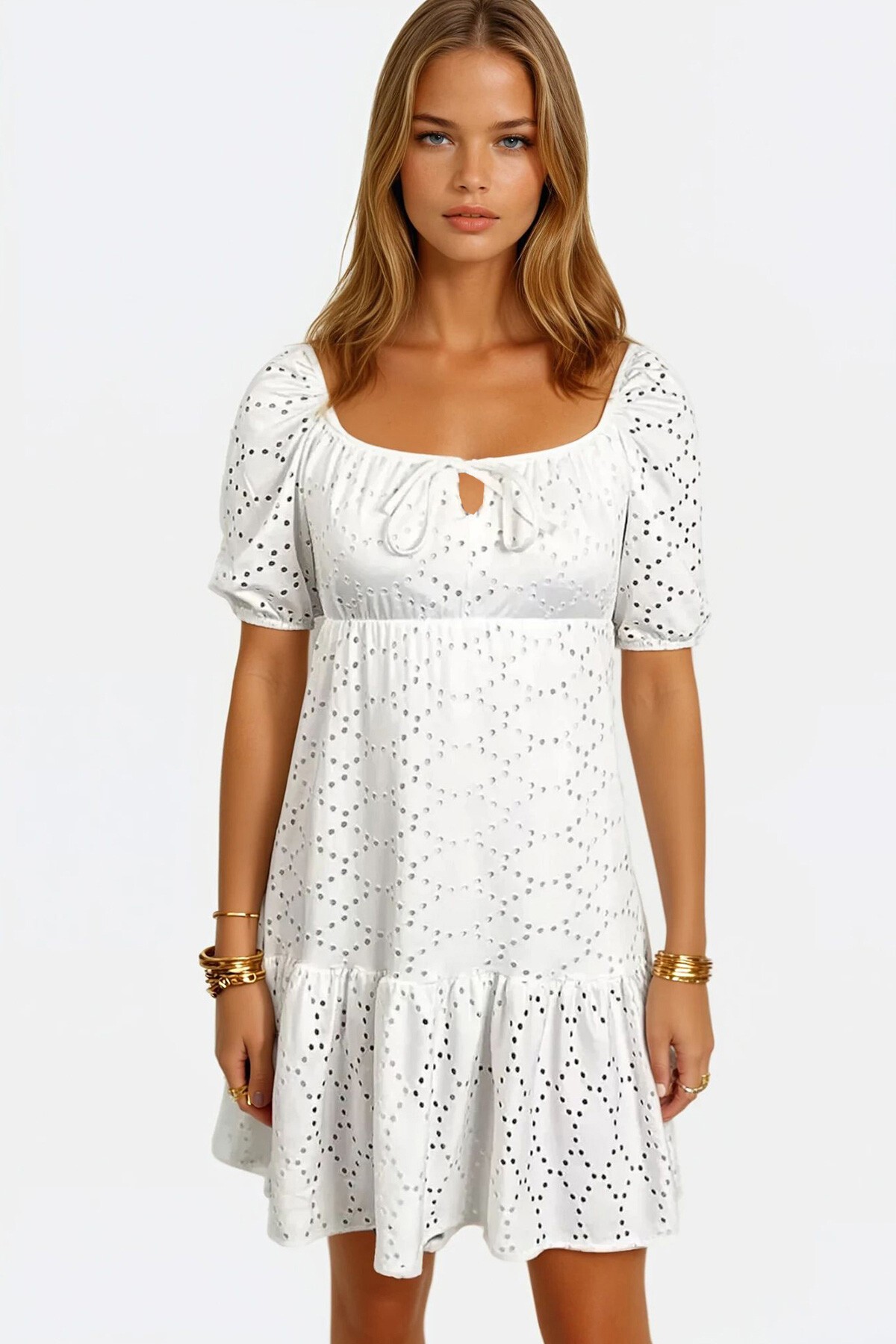 Beyaz Kare Yaka Balon Kol Poplin  Mini Elbise