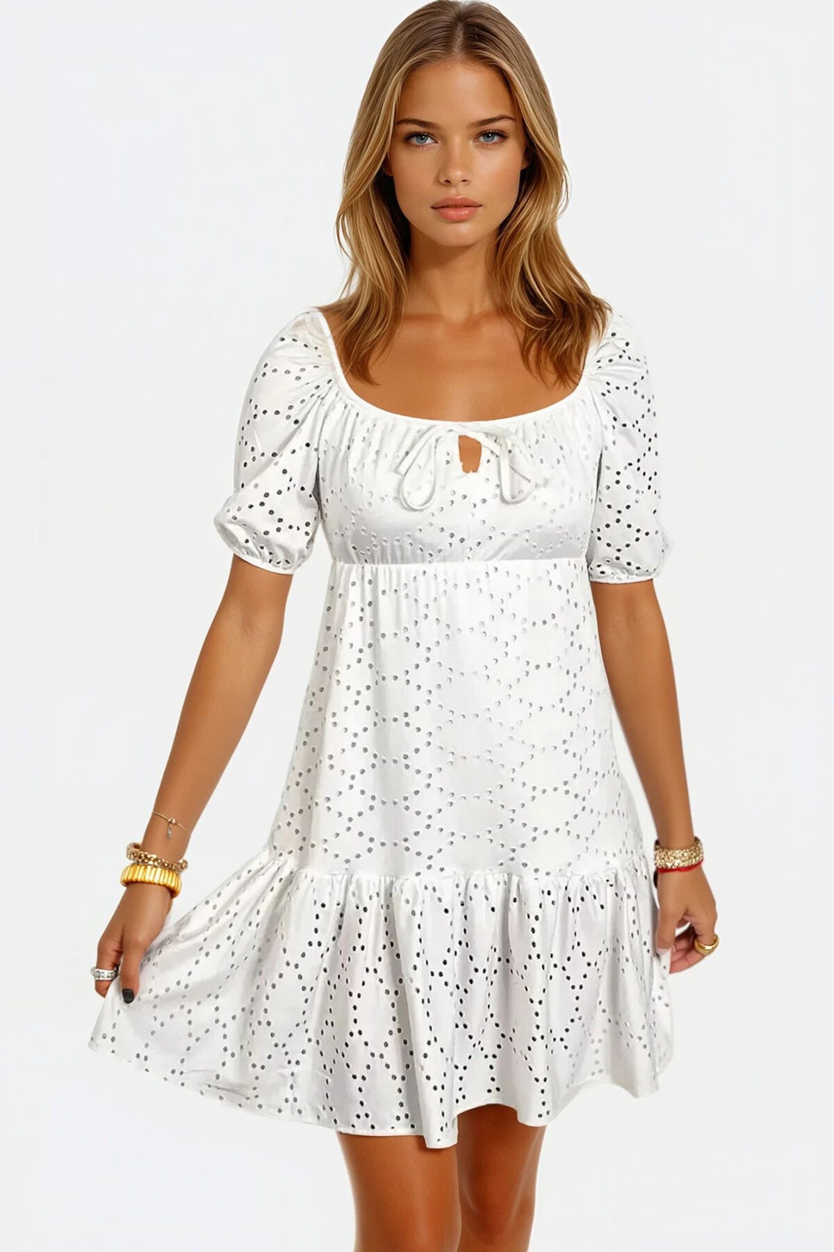 Beyaz Kare Yaka Balon Kol Poplin  Mini Elbise