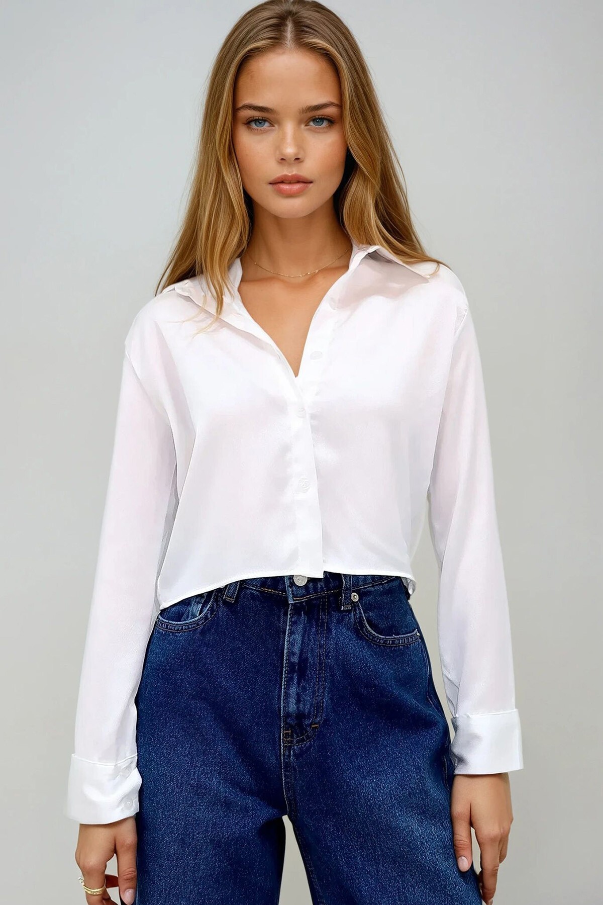 Beyaz Saten Crop Gömlek