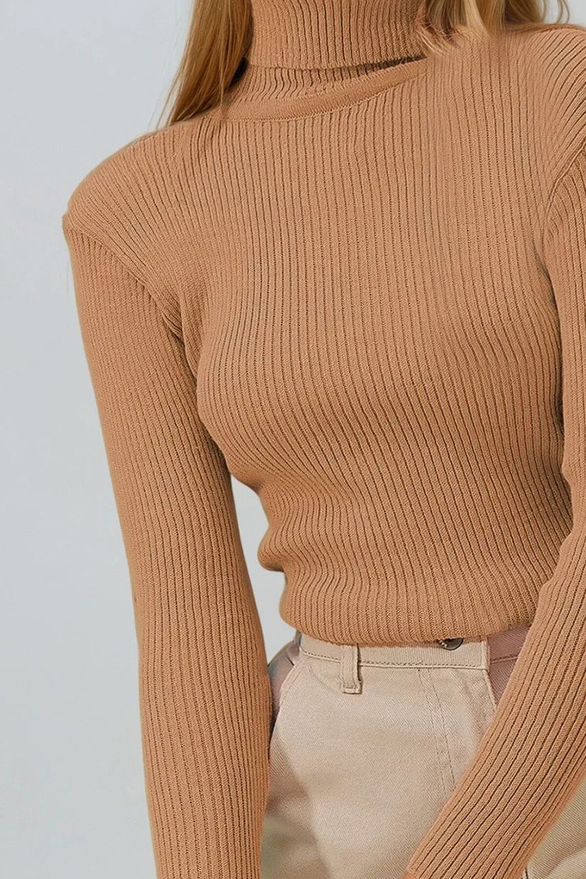 Bisküvi Balıkçı Yaka Fitilli Triko Kazak