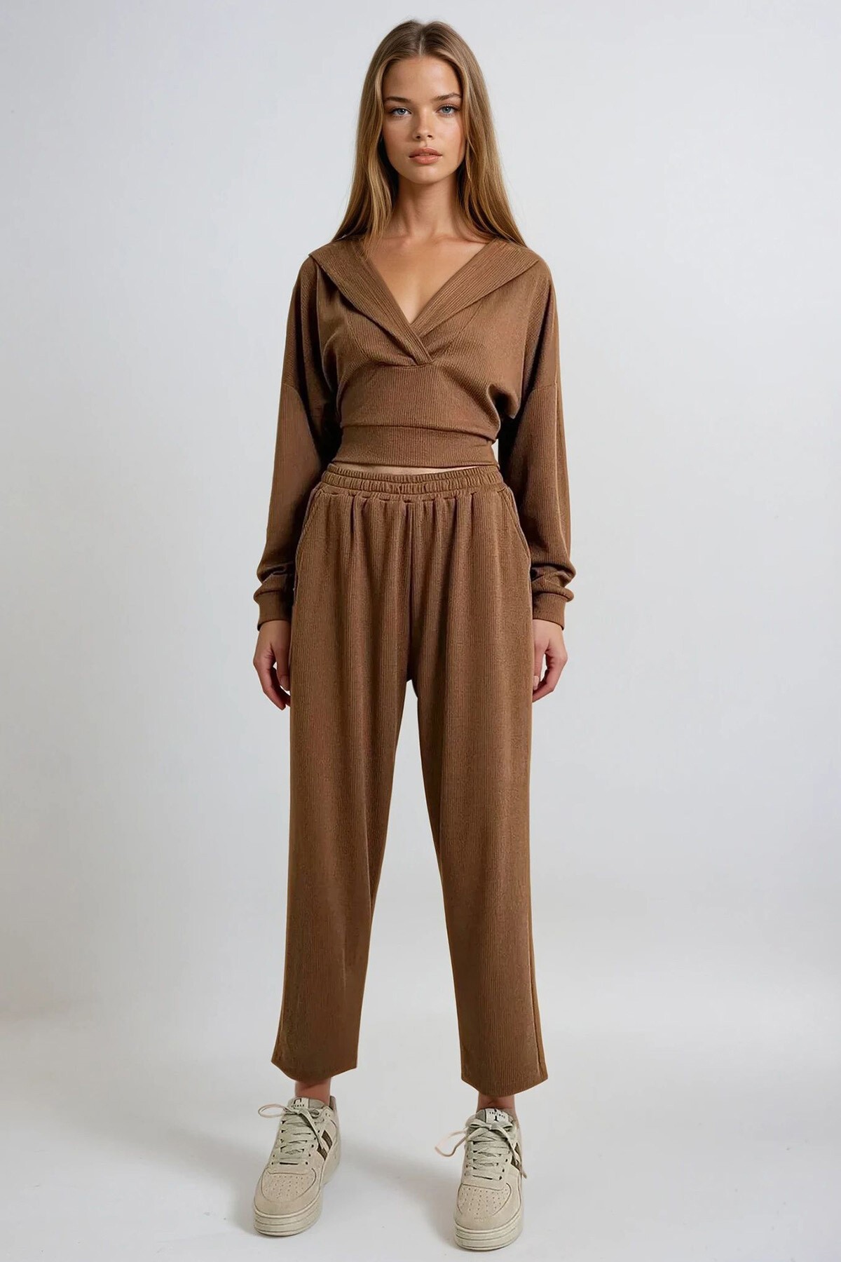 Bisküvi Kapüşonlu Kruvaze Yaka Bol Kesim Modal Alt Üst Takım