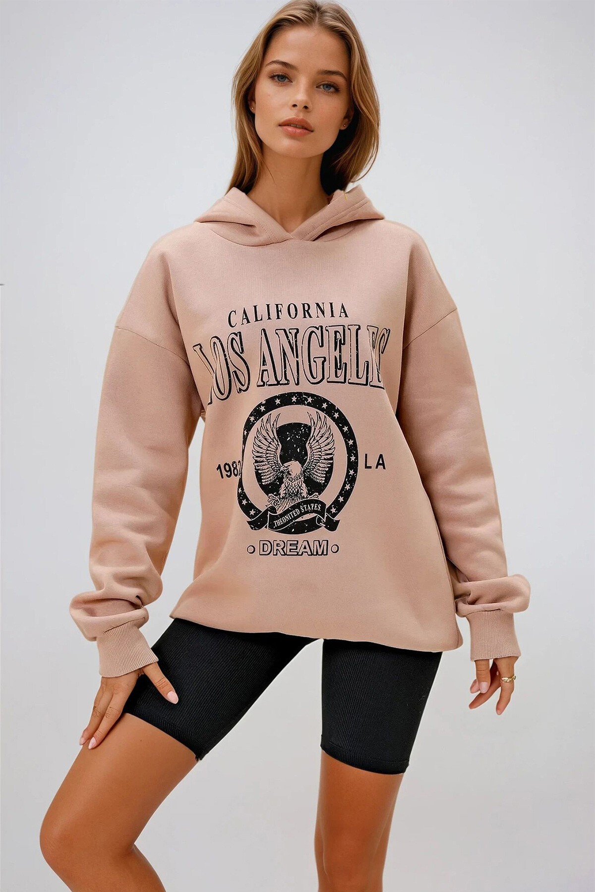 Bisküvi Kapüşonlu Önü Baskılı Üç İplik Şardonlu Sweatshırt