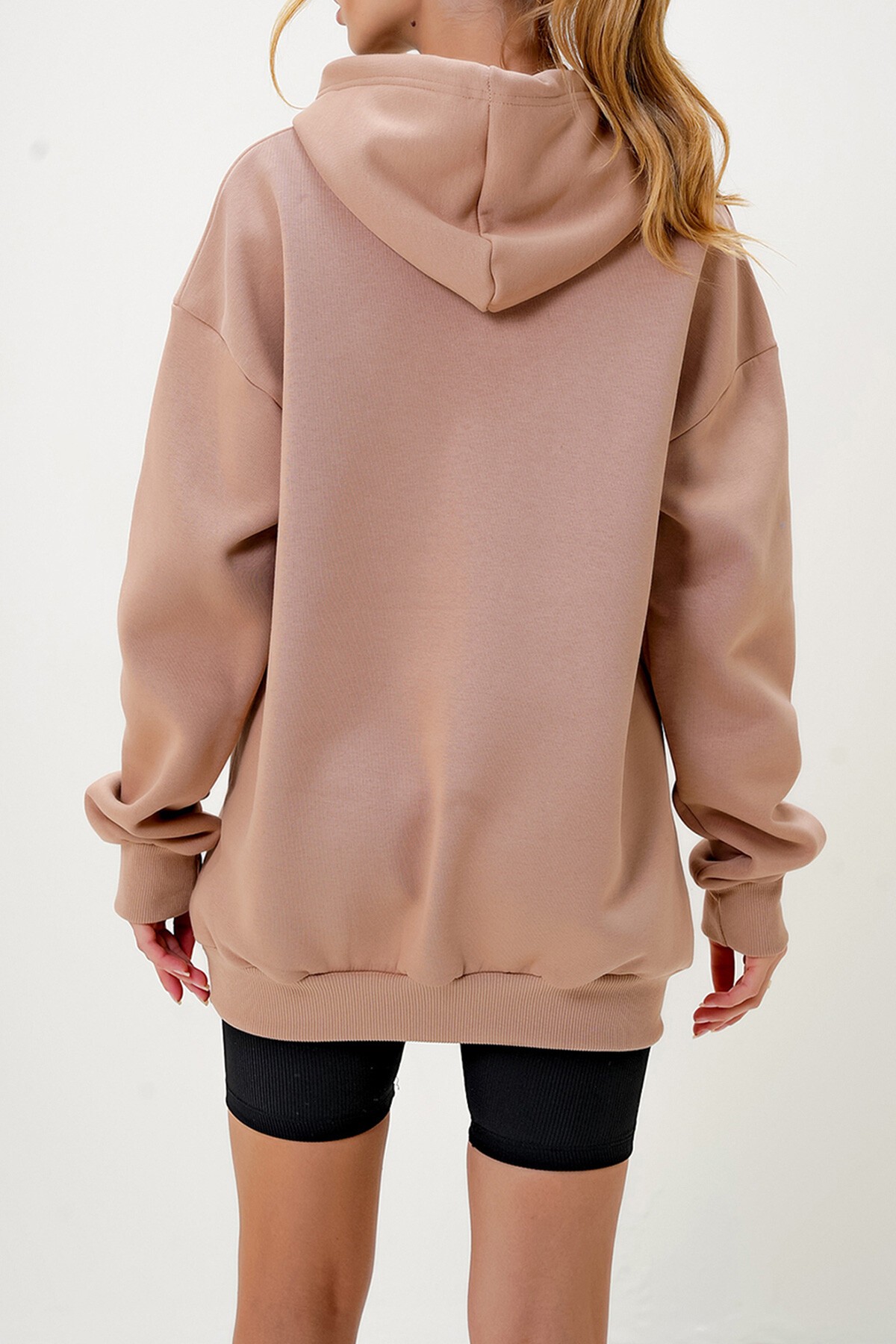 Bisküvi Kapüşonlu Önü Baskılı Üç İplik Şardonlu Sweatshırt