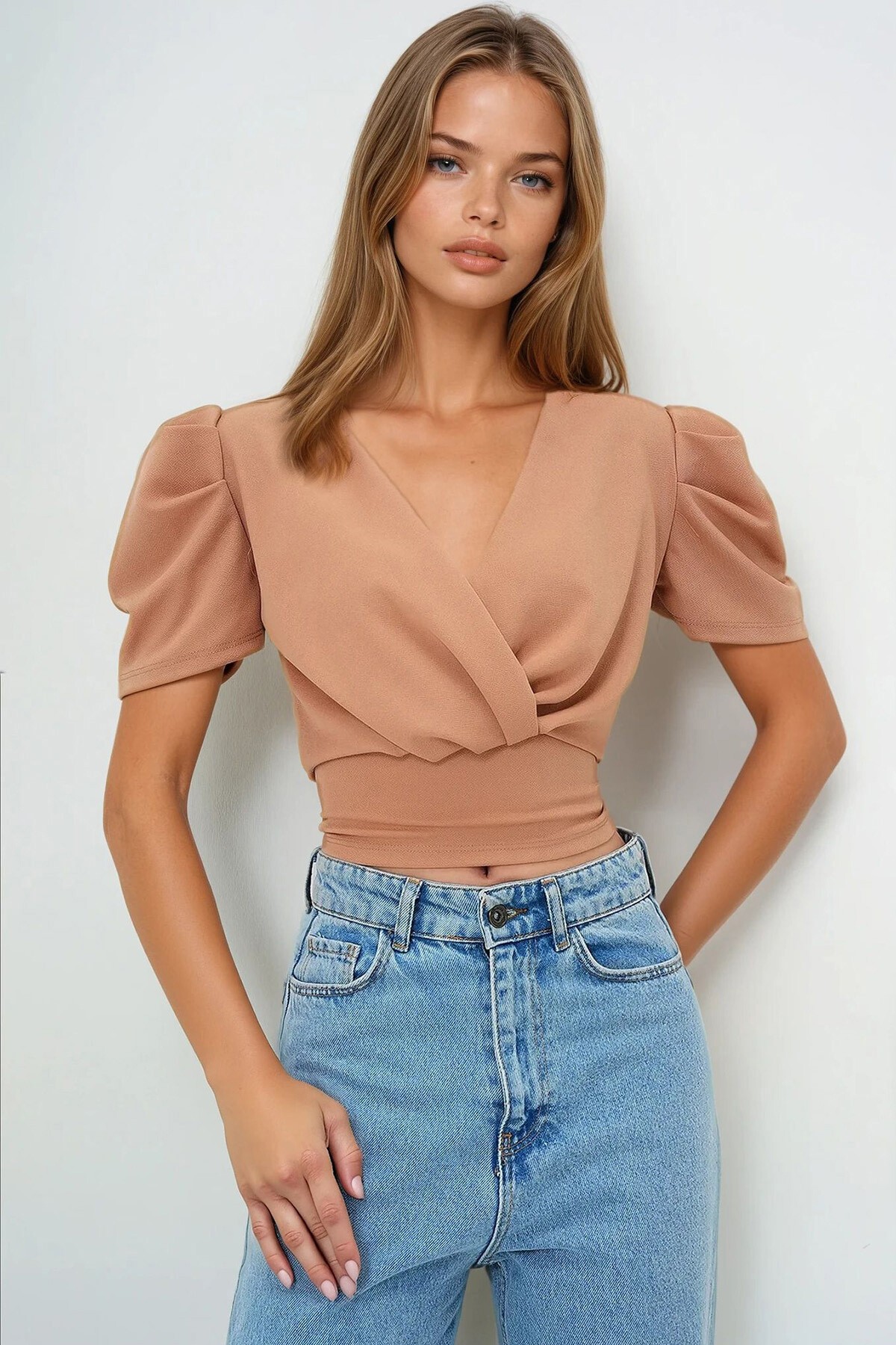 Bisküvi Kruvaze Yaka Prenses Kol Örme Krep Bluz