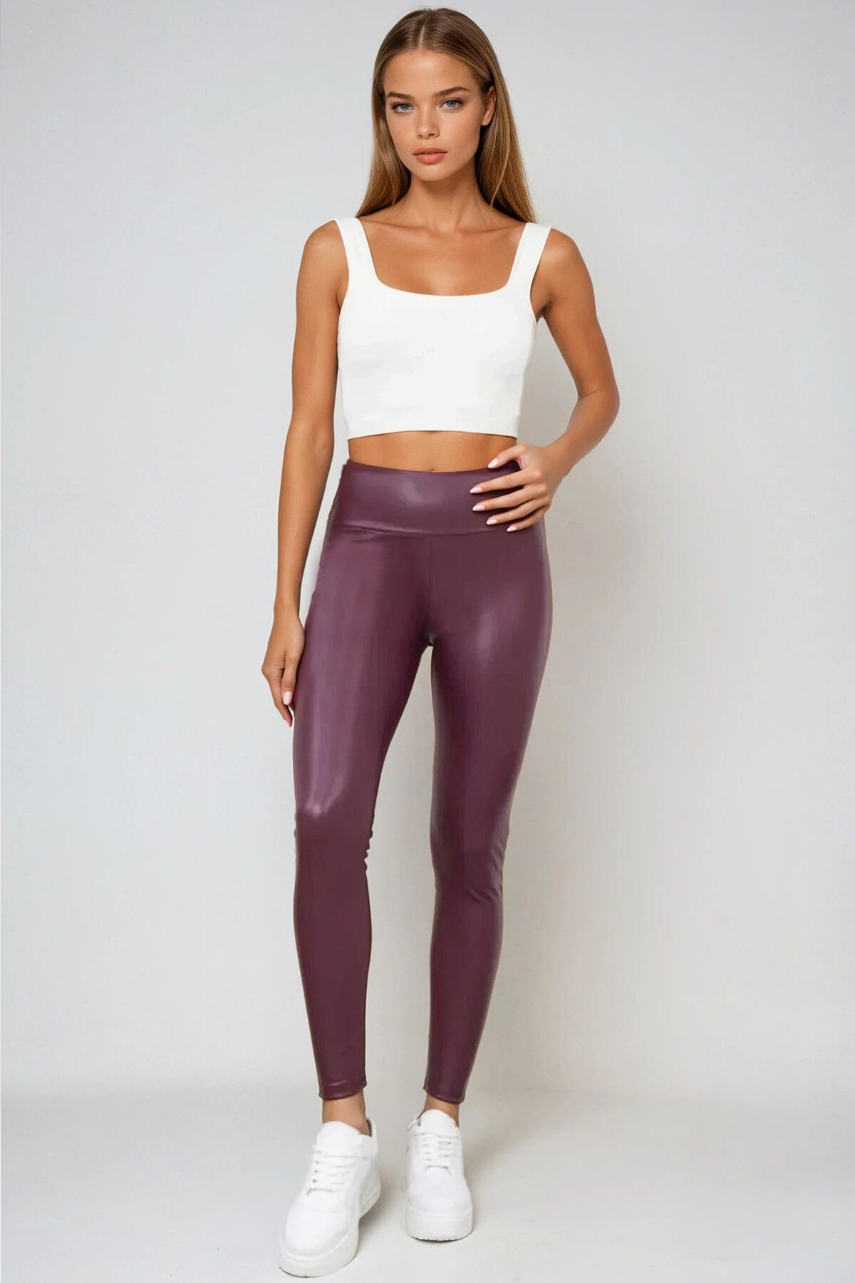 Bordo Beli Lastikli İçi Şardonlu Likralı Suni Deri Tayt