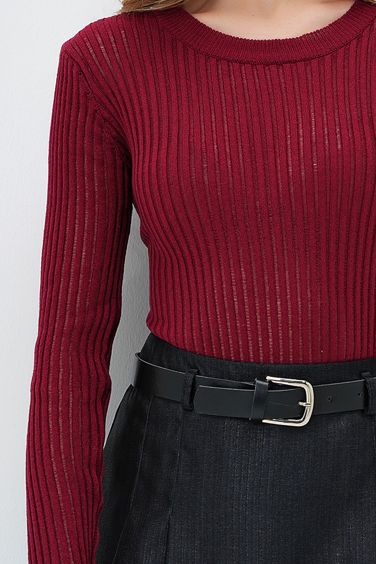 Bordo Bisiklet Yaka Ajurlu Triko Bluz