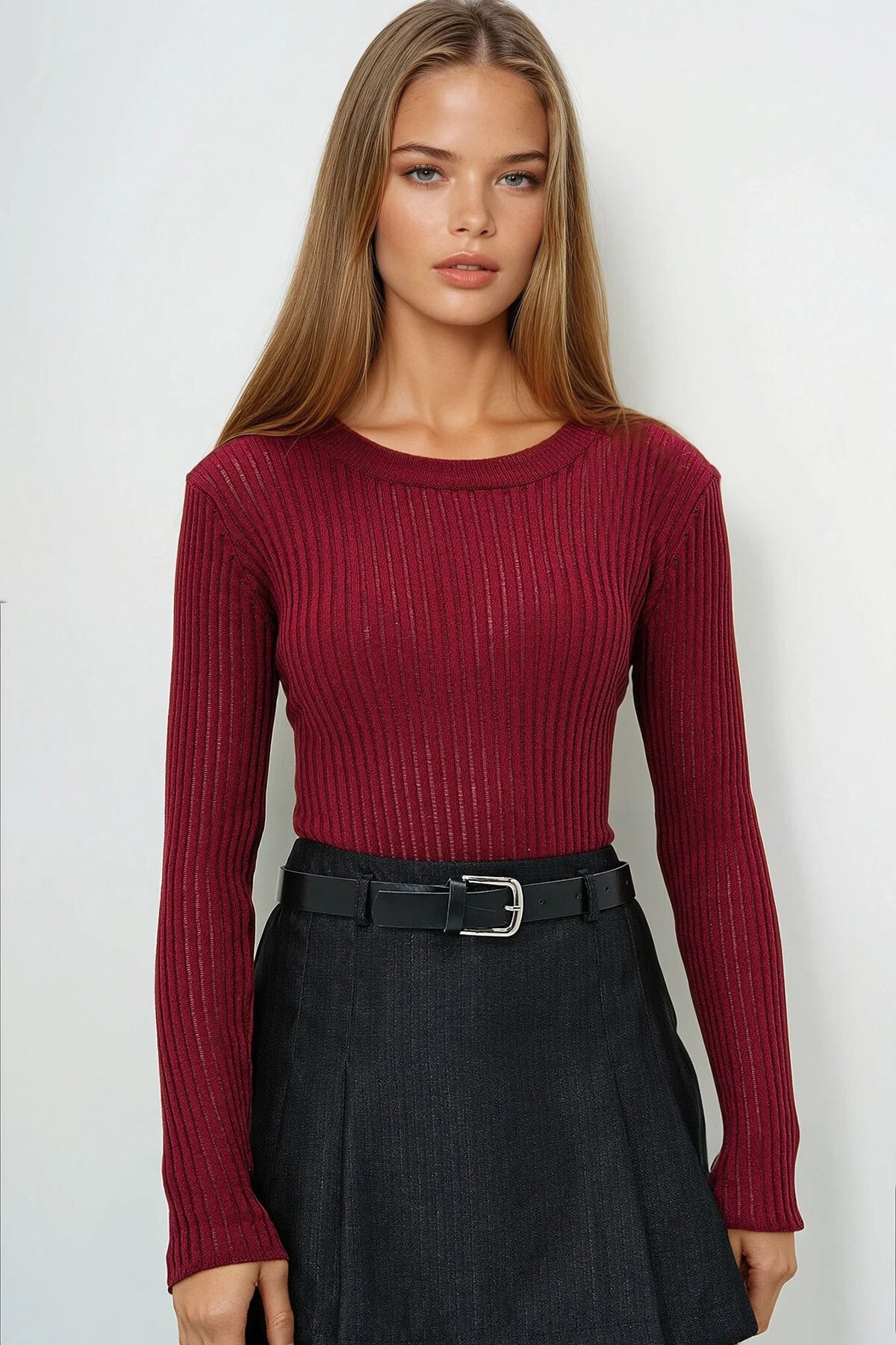 Bordo Bisiklet Yaka Ajurlu Triko Bluz