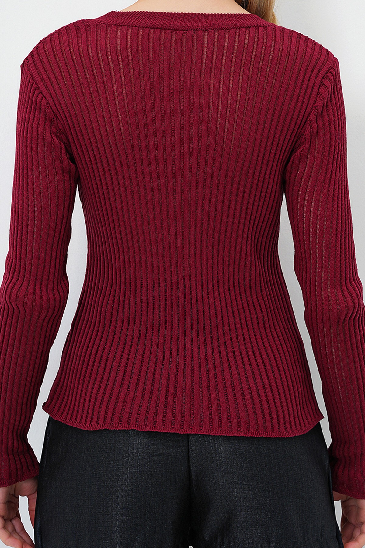 Bordo Bisiklet Yaka Ajurlu Triko Bluz