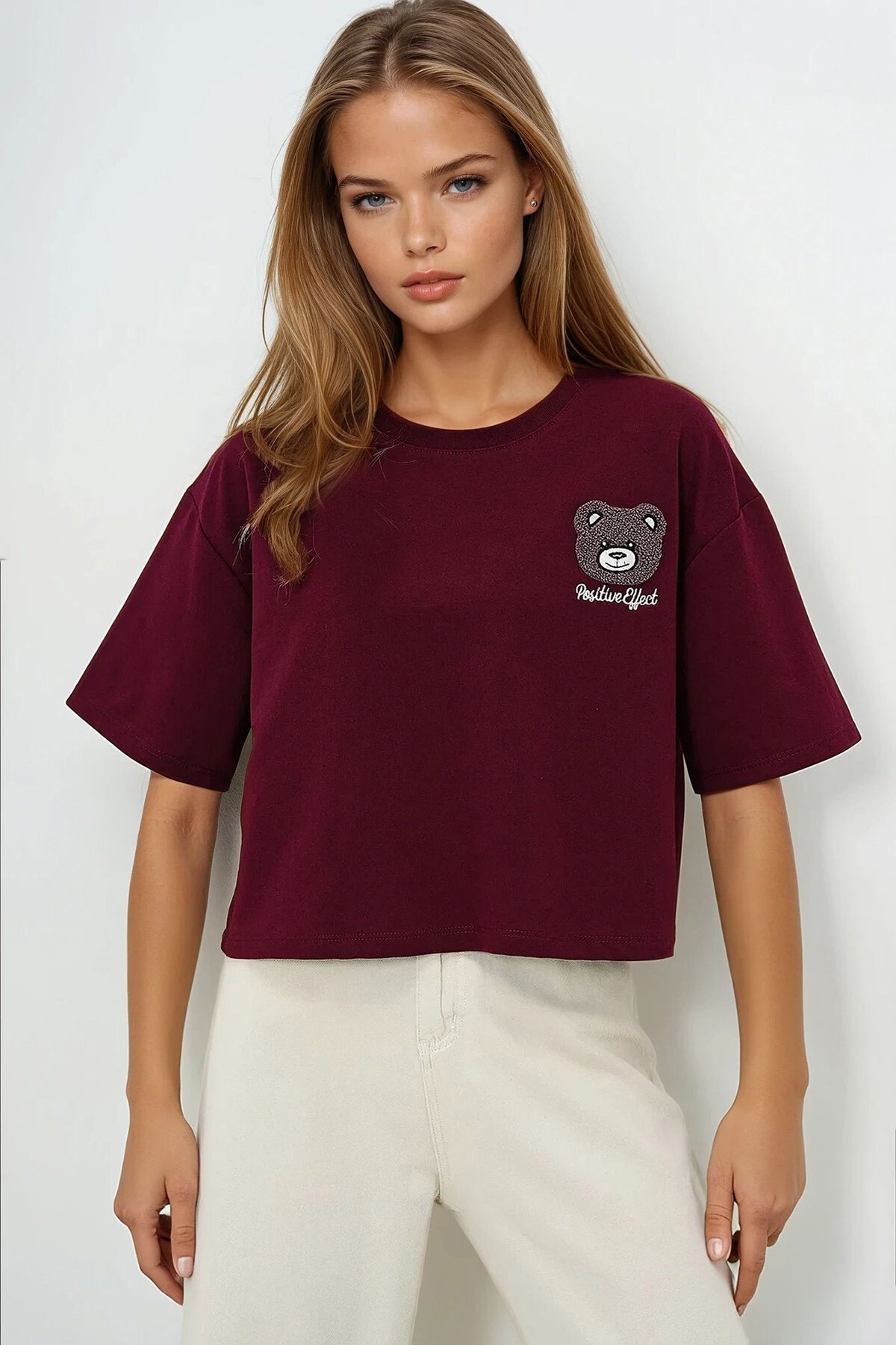 Bordo Bisiklet Yaka Ayıcık Motifli Oversize Crop T Shırt