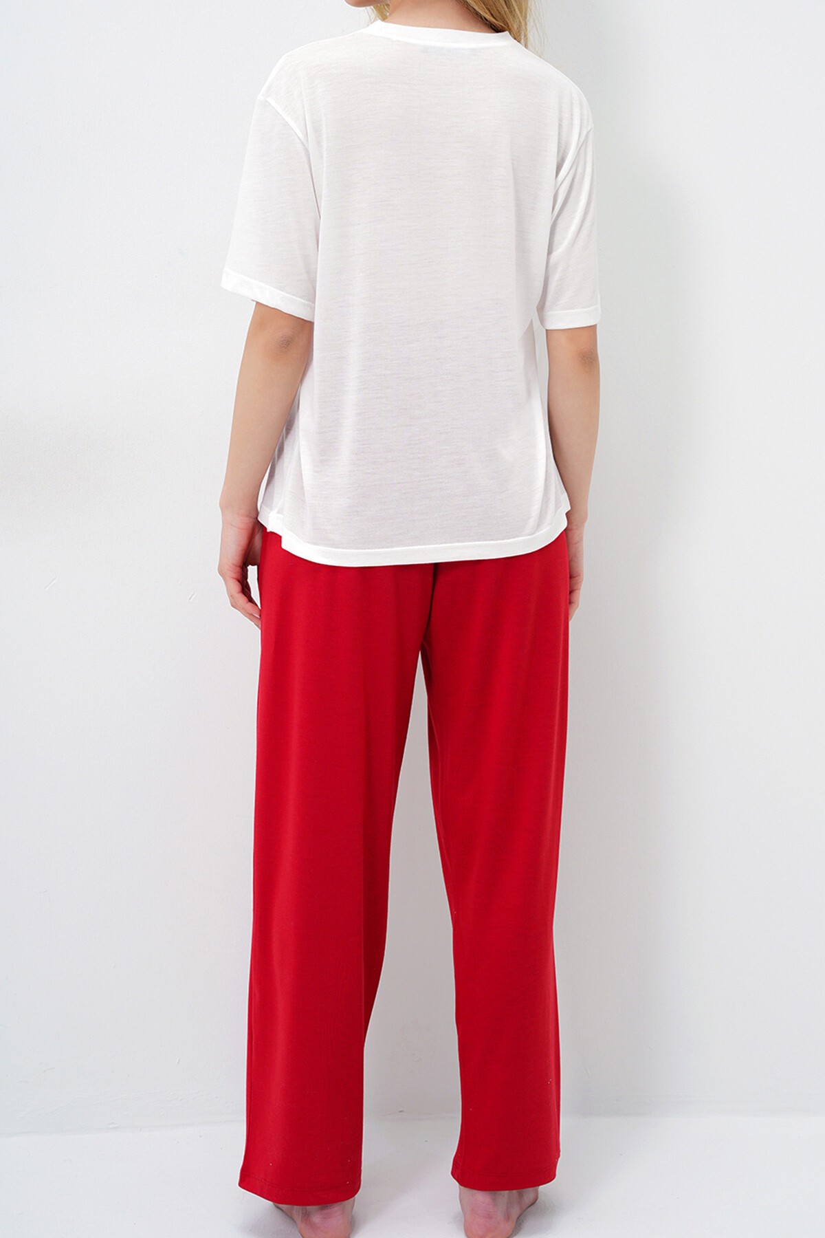 Bordo Bisiklet Yaka Baskılı T Shirt Ve Düz Renk Pantolonlu Pijama Takımı