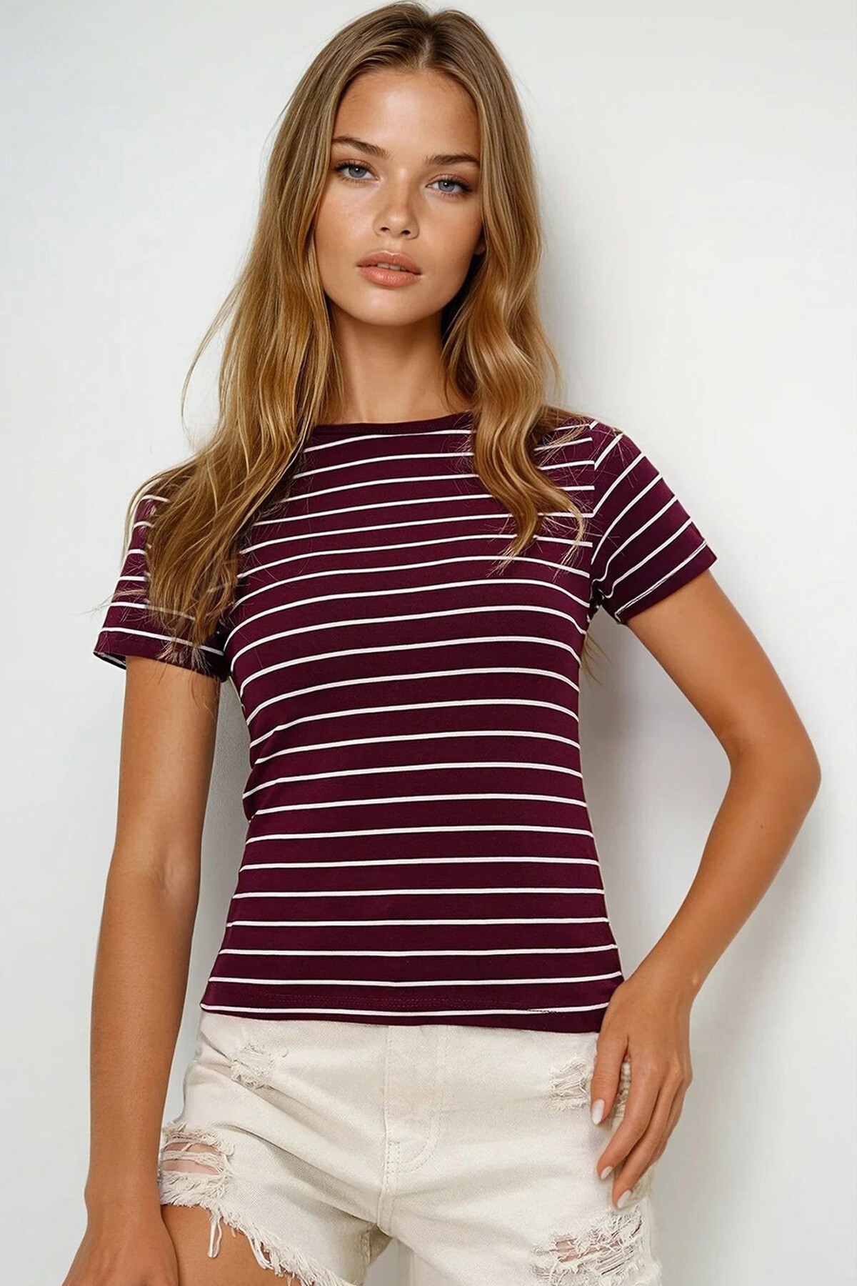 Bordo Bisiklet Yaka Çizgili T Shırt