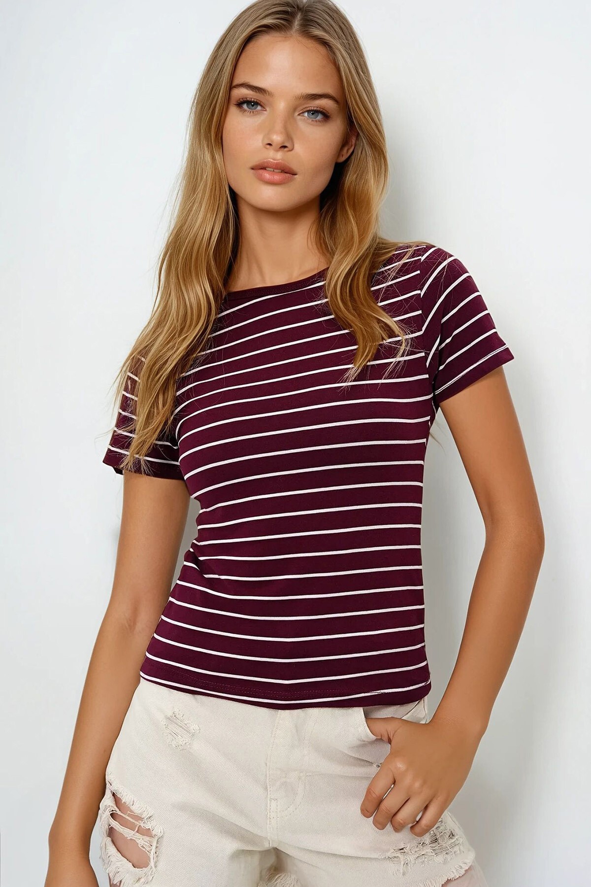 Bordo Bisiklet Yaka Çizgili T Shırt
