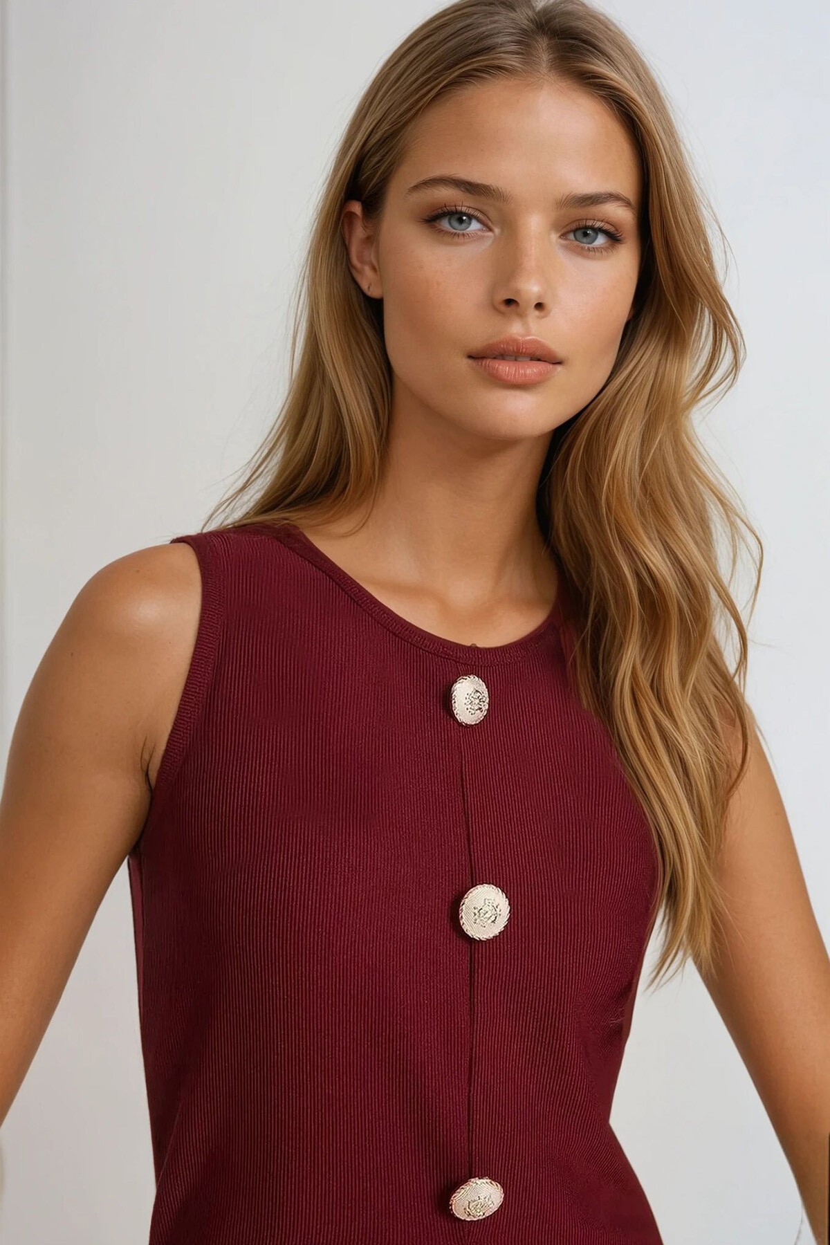 Bordo Bisiklet Yaka Gold Düğme Detaylı Ottoban Bluz