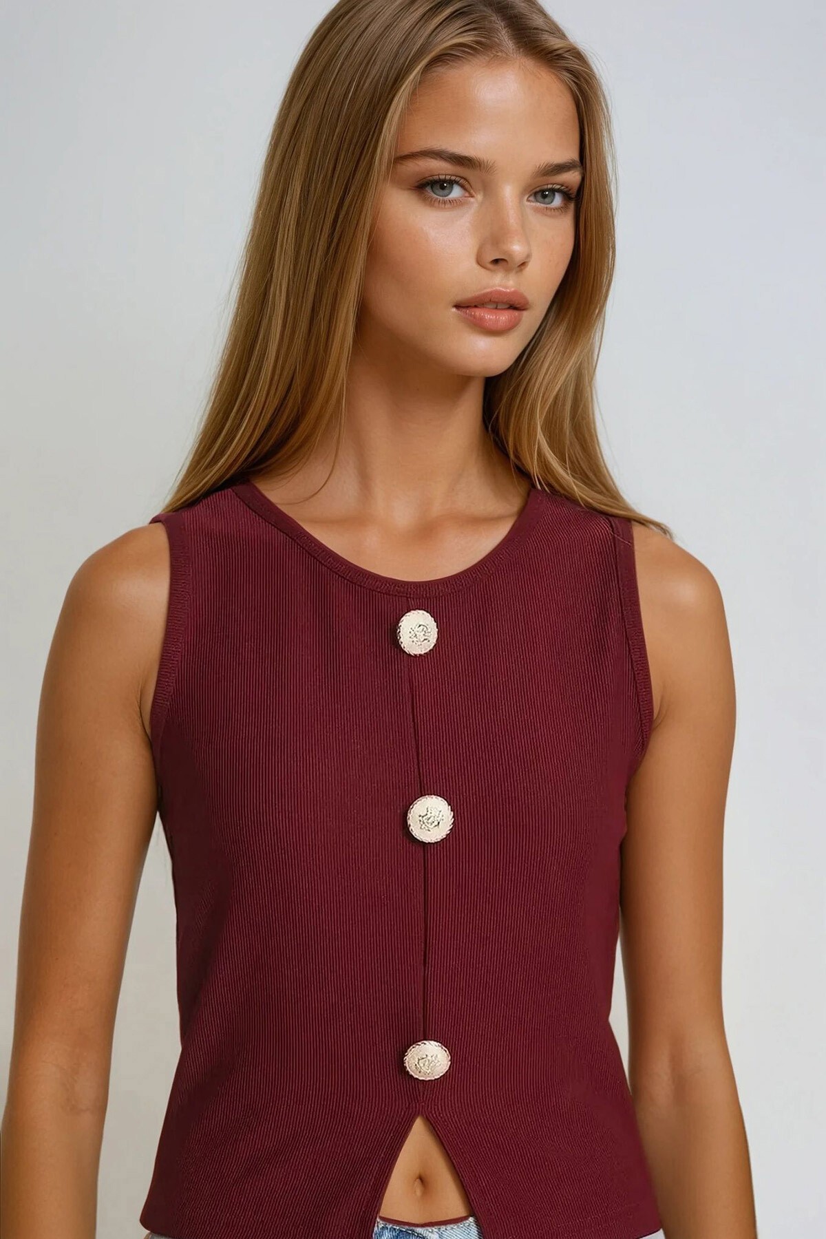 Bordo Bisiklet Yaka Gold Düğme Detaylı Ottoban Bluz