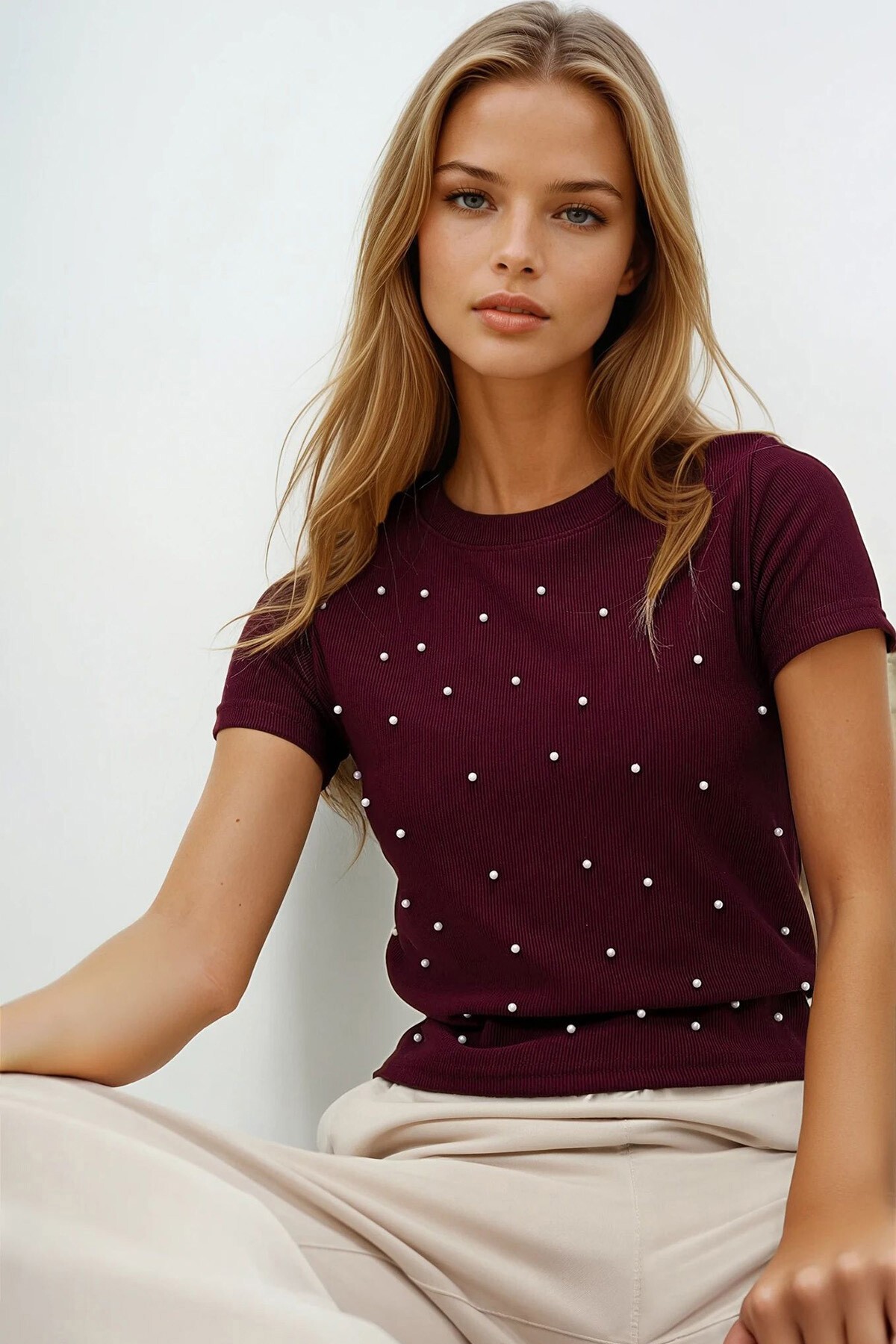 Bordo Bisiklet Yaka İnci Çakmalı Ottoban Crop Bluz