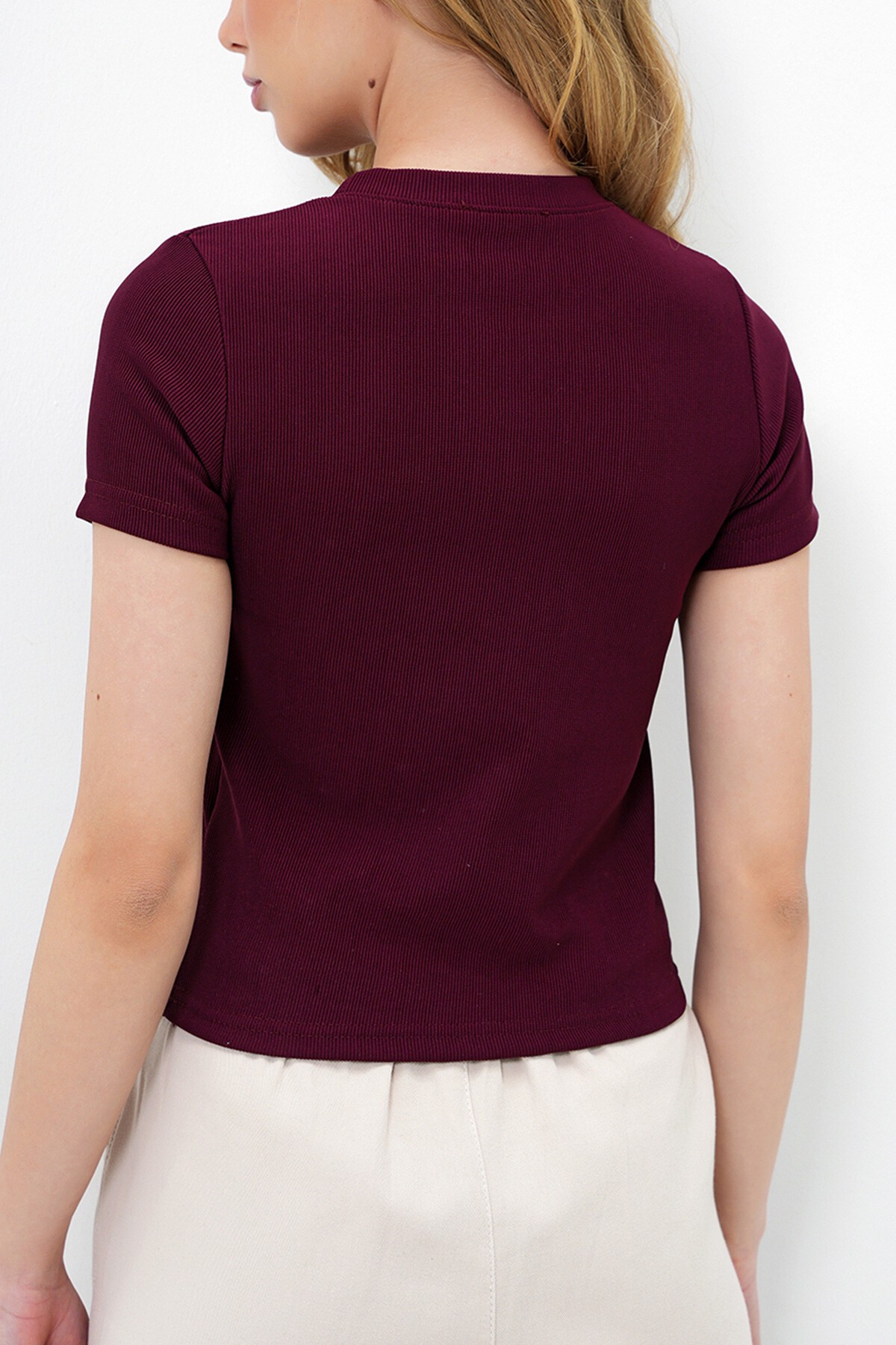 Bordo Bisiklet Yaka İnci Çakmalı Ottoban Crop Bluz