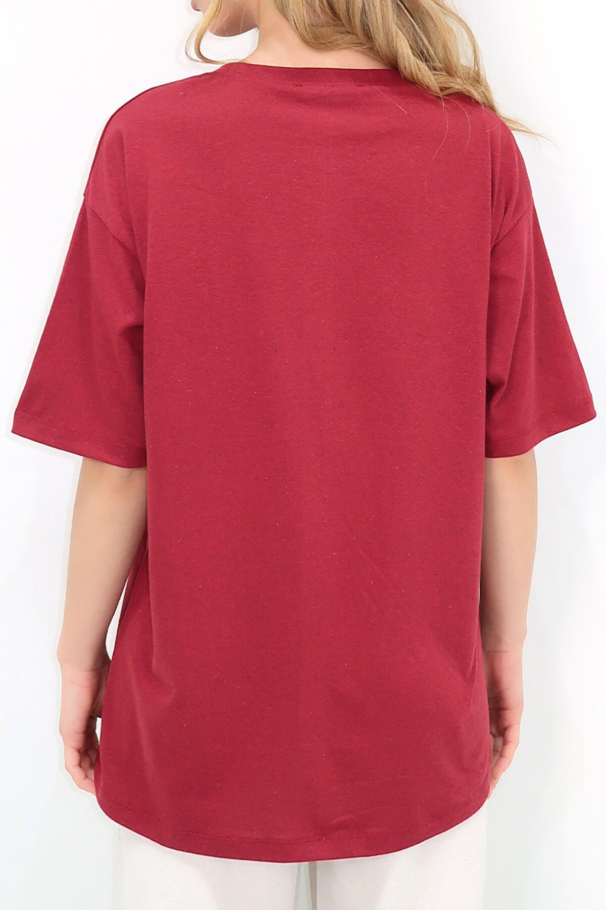 Bordo Bisiklet Yaka Oversize İnci Ve Taş İşlemeli T Shirt