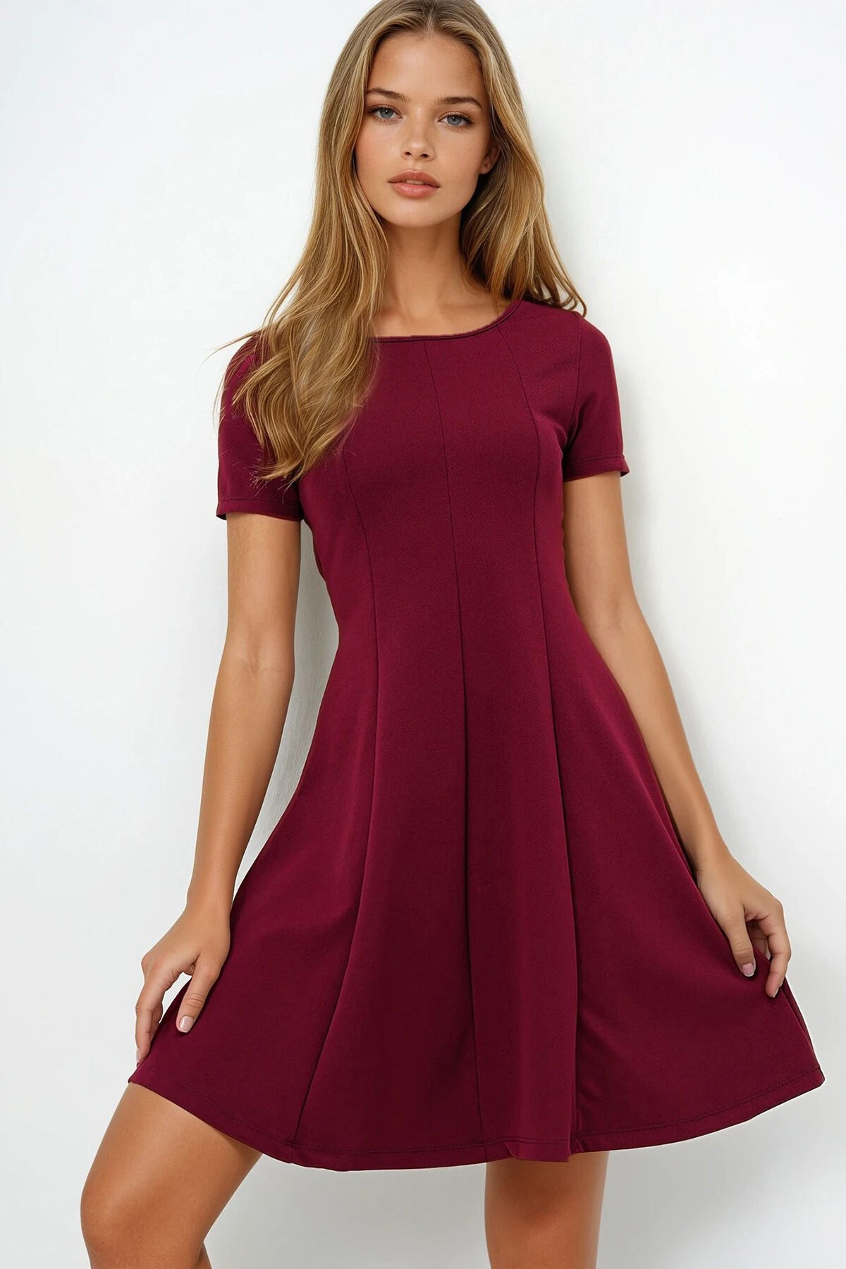 Bordo Bisiklet Yaka Parçalı Örme Krep Midi Boy Elbise