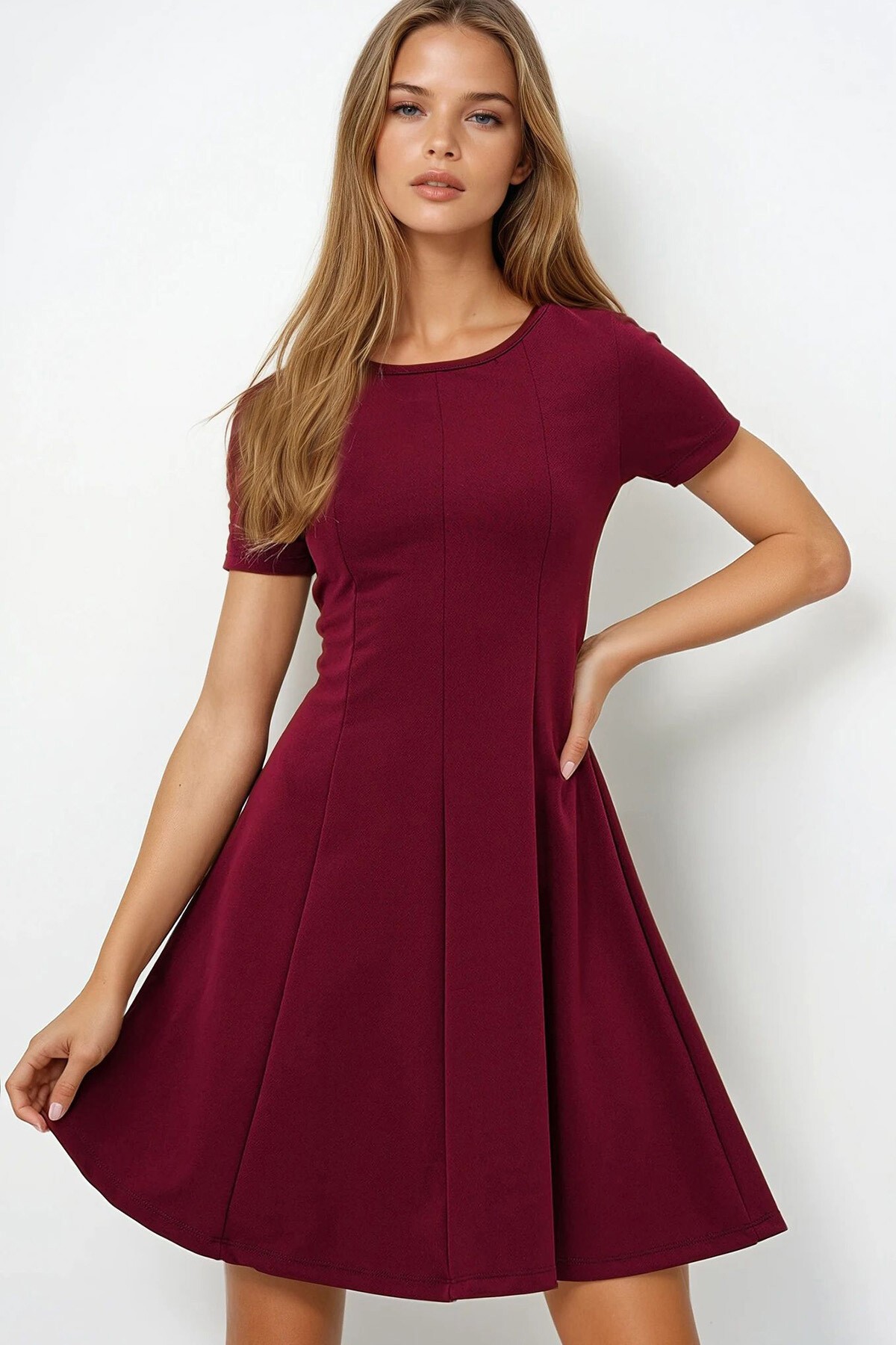 Bordo Bisiklet Yaka Parçalı Örme Krep Midi Boy Elbise