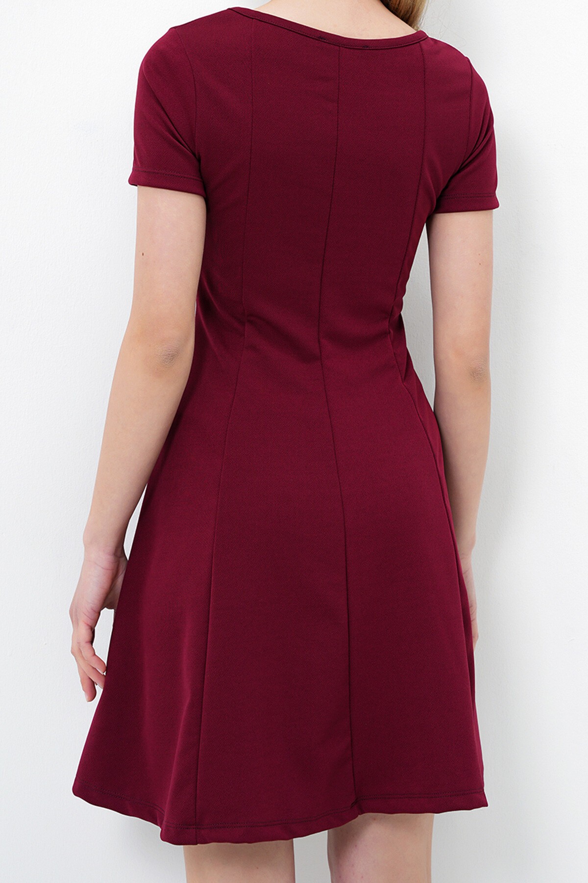 Bordo Bisiklet Yaka Parçalı Örme Krep Midi Boy Elbise