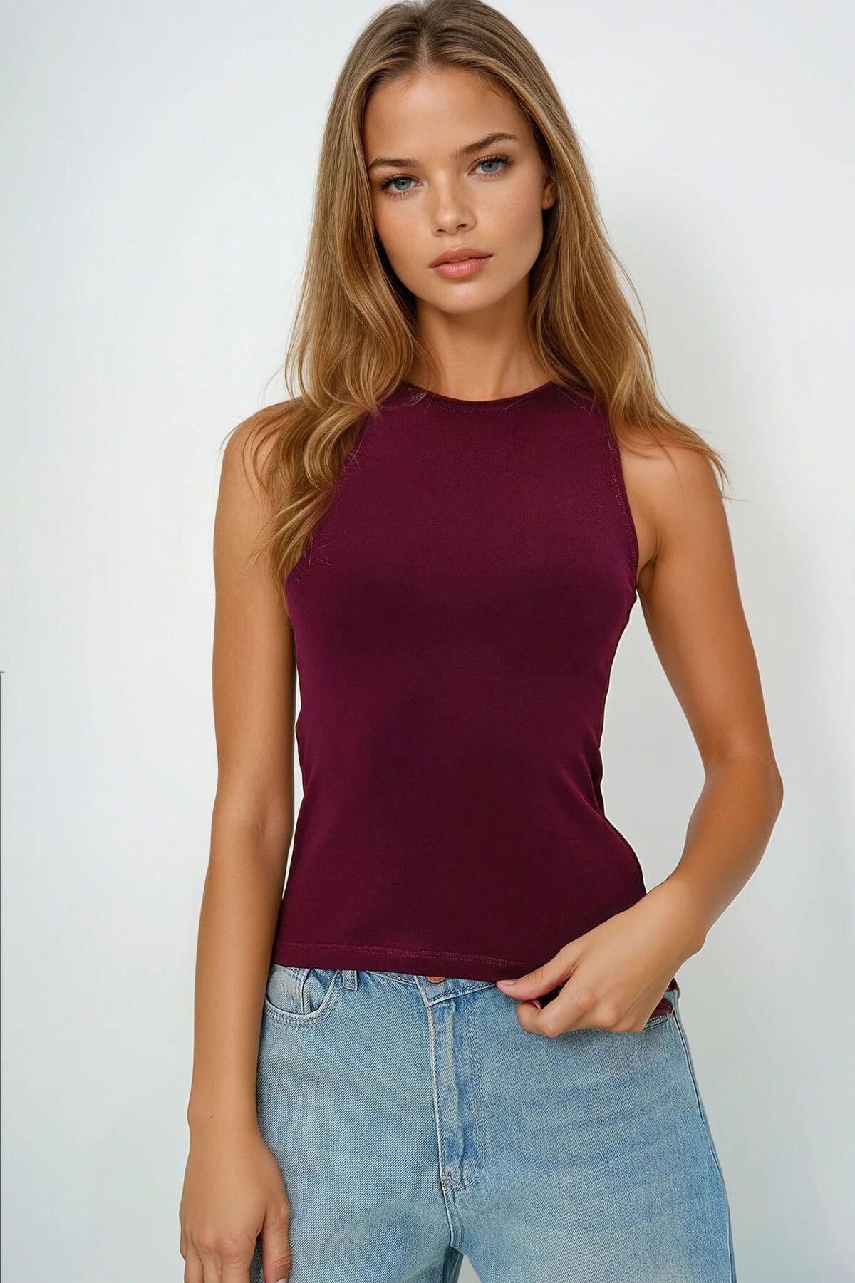 Bordo Bisiklet Yaka Sıfır Kol Bluz