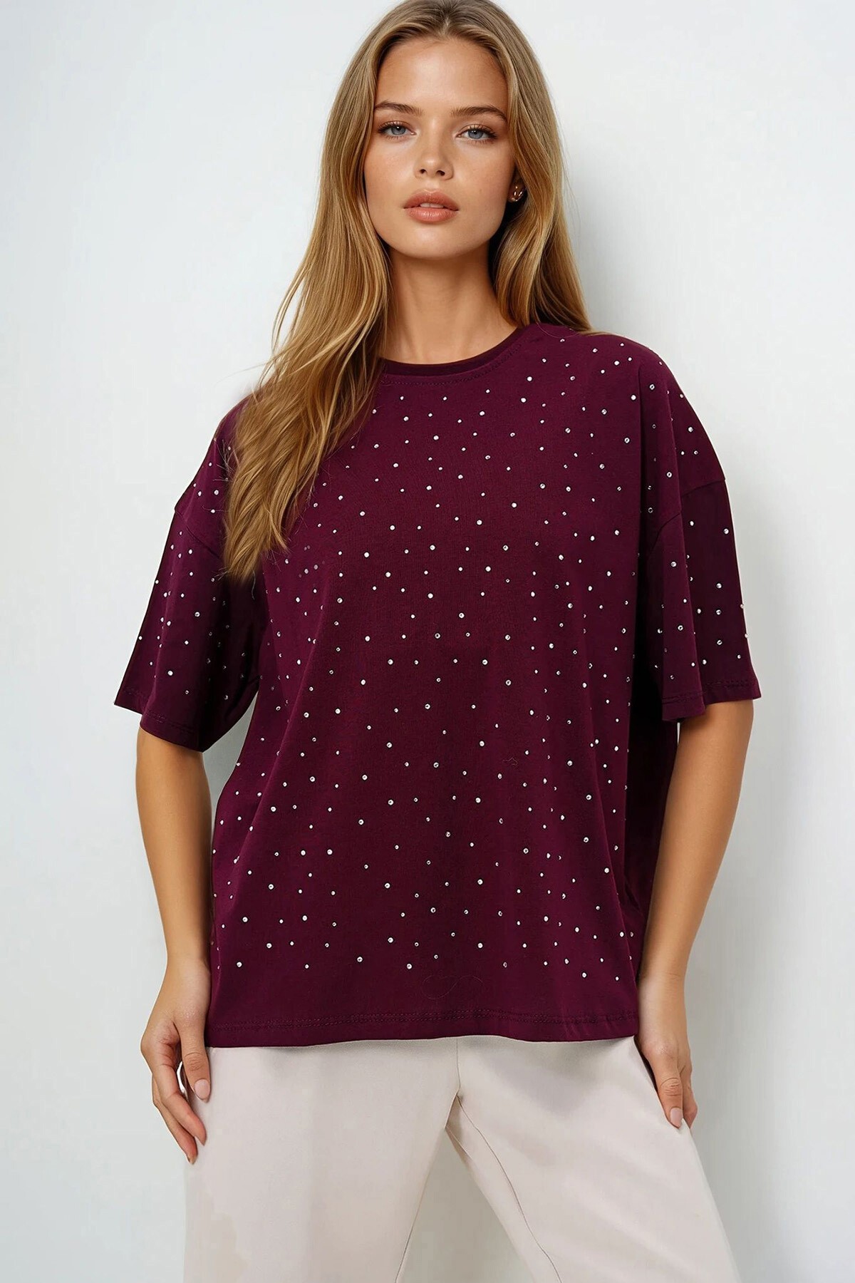 Bordo Bisiklet Yaka Taş İşlemeli Basic T Shırt