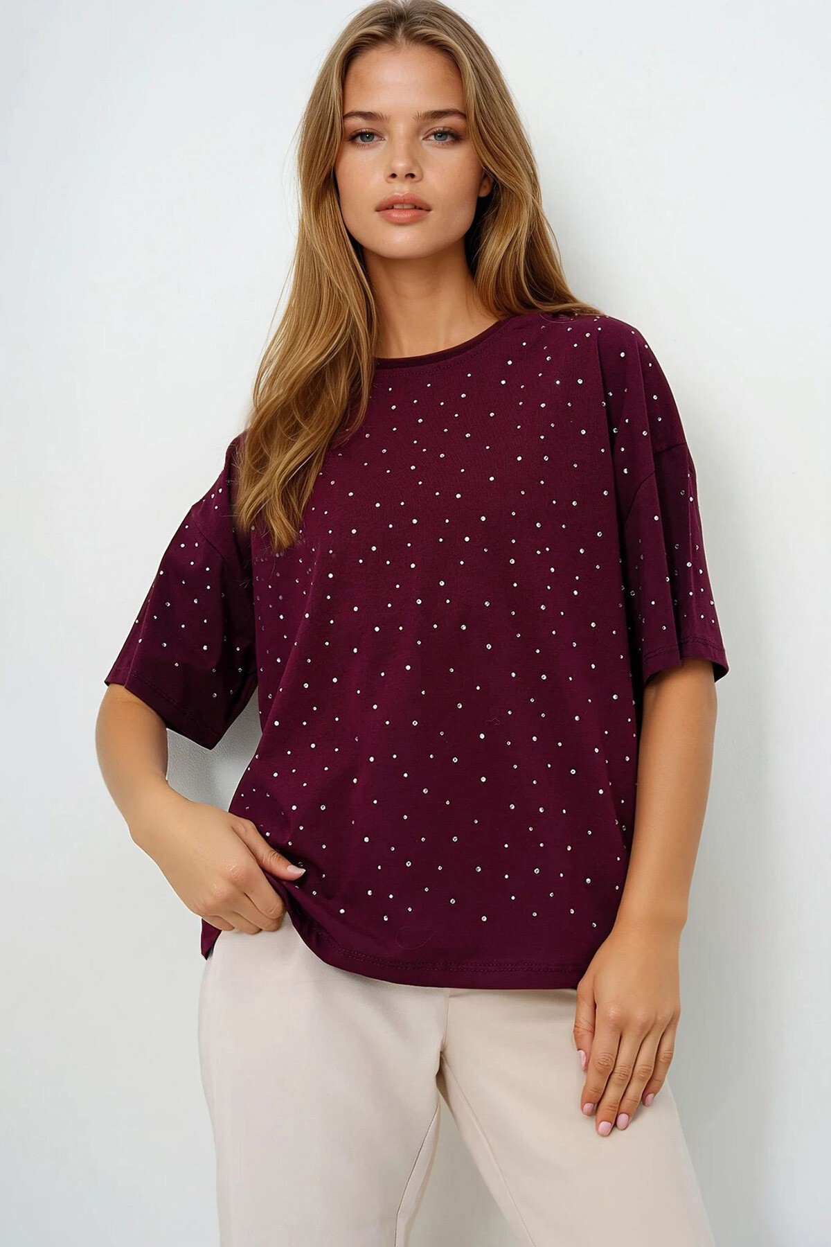 Bordo Bisiklet Yaka Taş İşlemeli Basic T Shırt