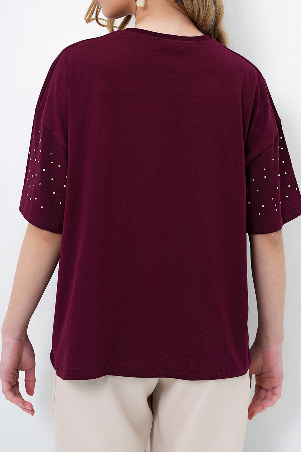 Bordo Bisiklet Yaka Taş İşlemeli Basic T Shırt