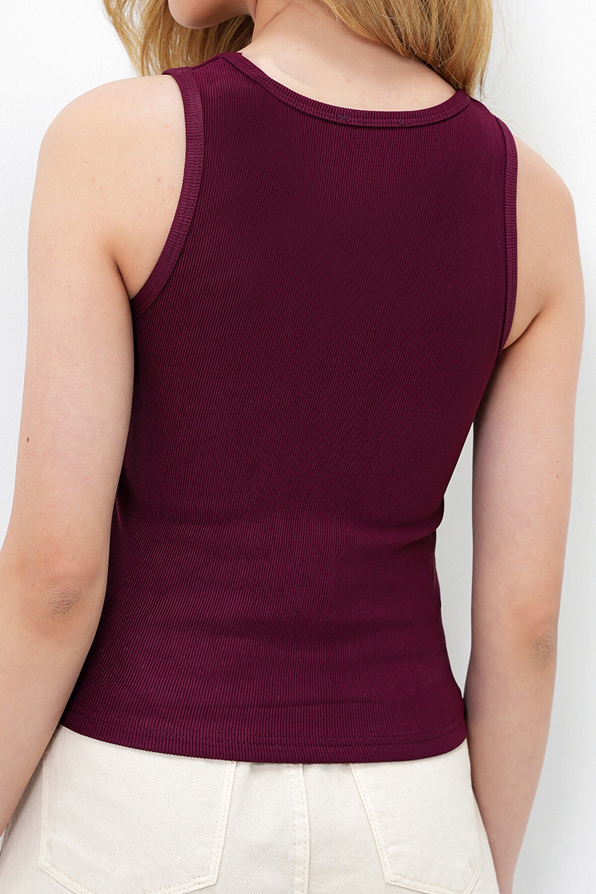 Bordo Bisiklet Yaka Taş İşlemeli Ottoban Askılı Bluz