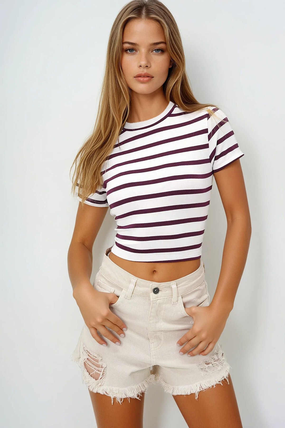 Bordo Bisiklet Yaka Yarım Kol Çizgili Crop Bluz