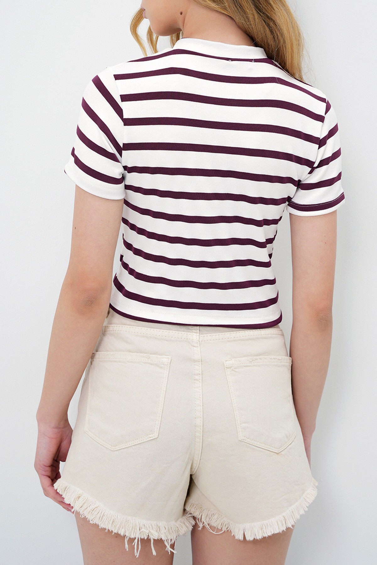 Bordo Bisiklet Yaka Yarım Kol Çizgili Crop Bluz