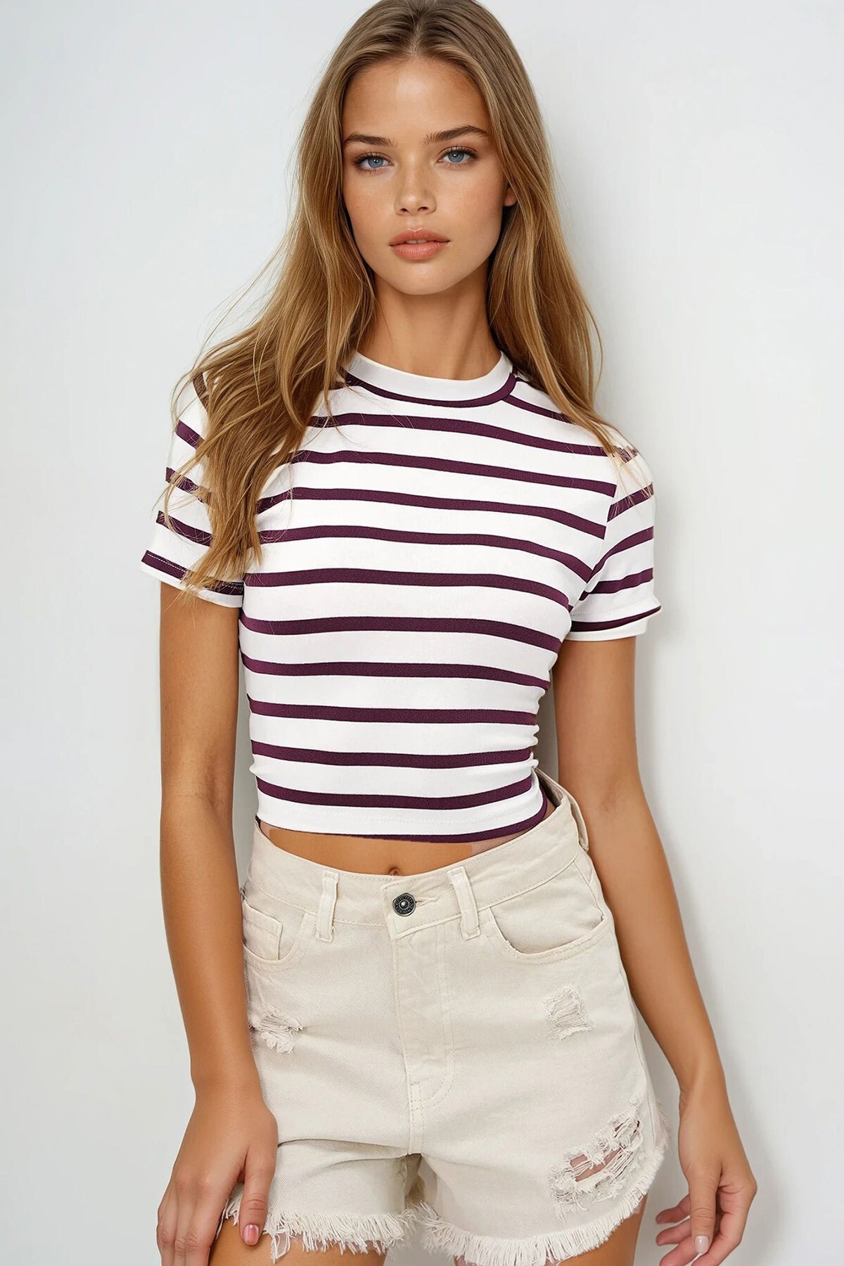 Bordo Bisiklet Yaka Yarım Kol Çizgili Crop Bluz