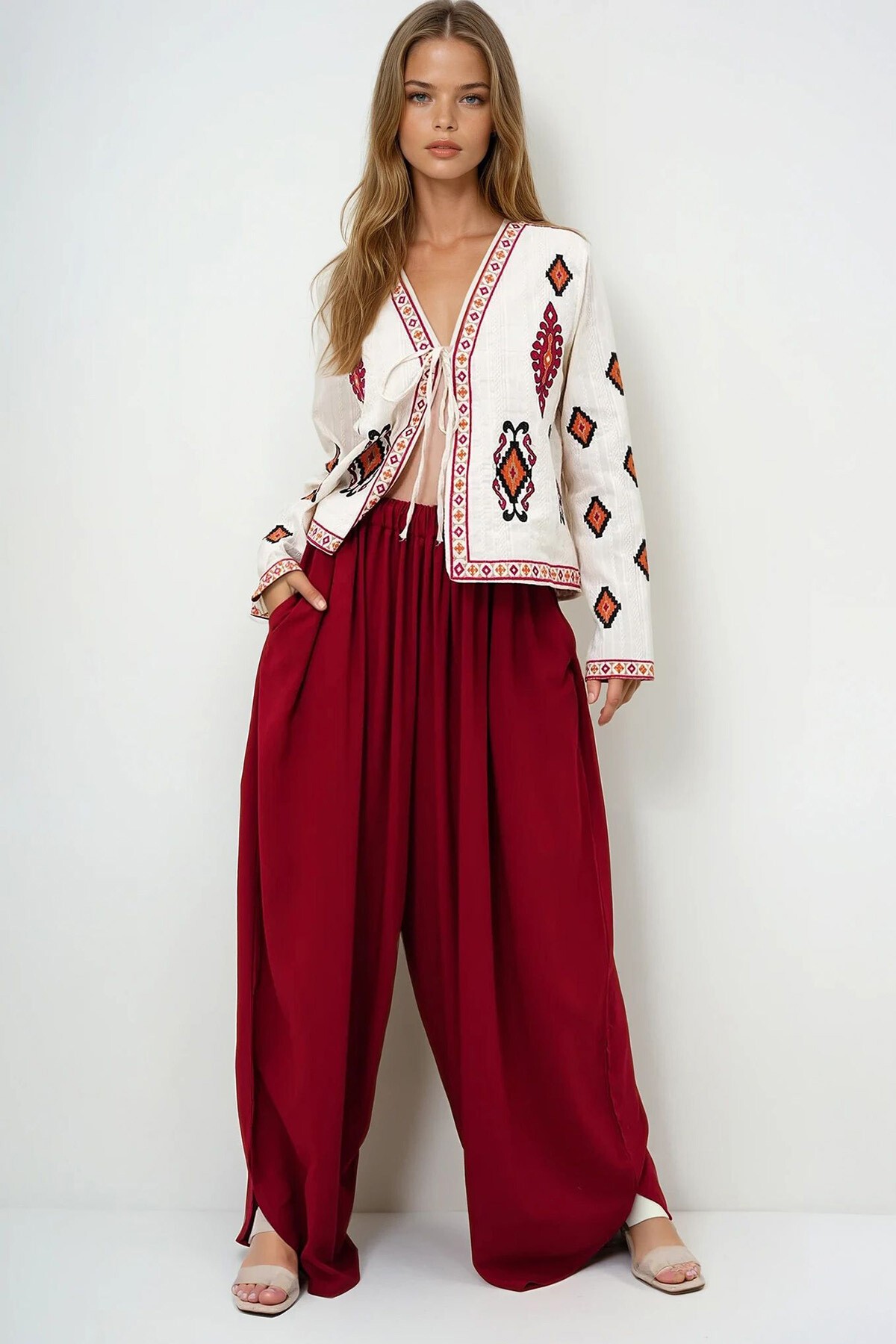 Bordo Çift Cepli Dökümlü Bol Kesim Dokuma Pantolon