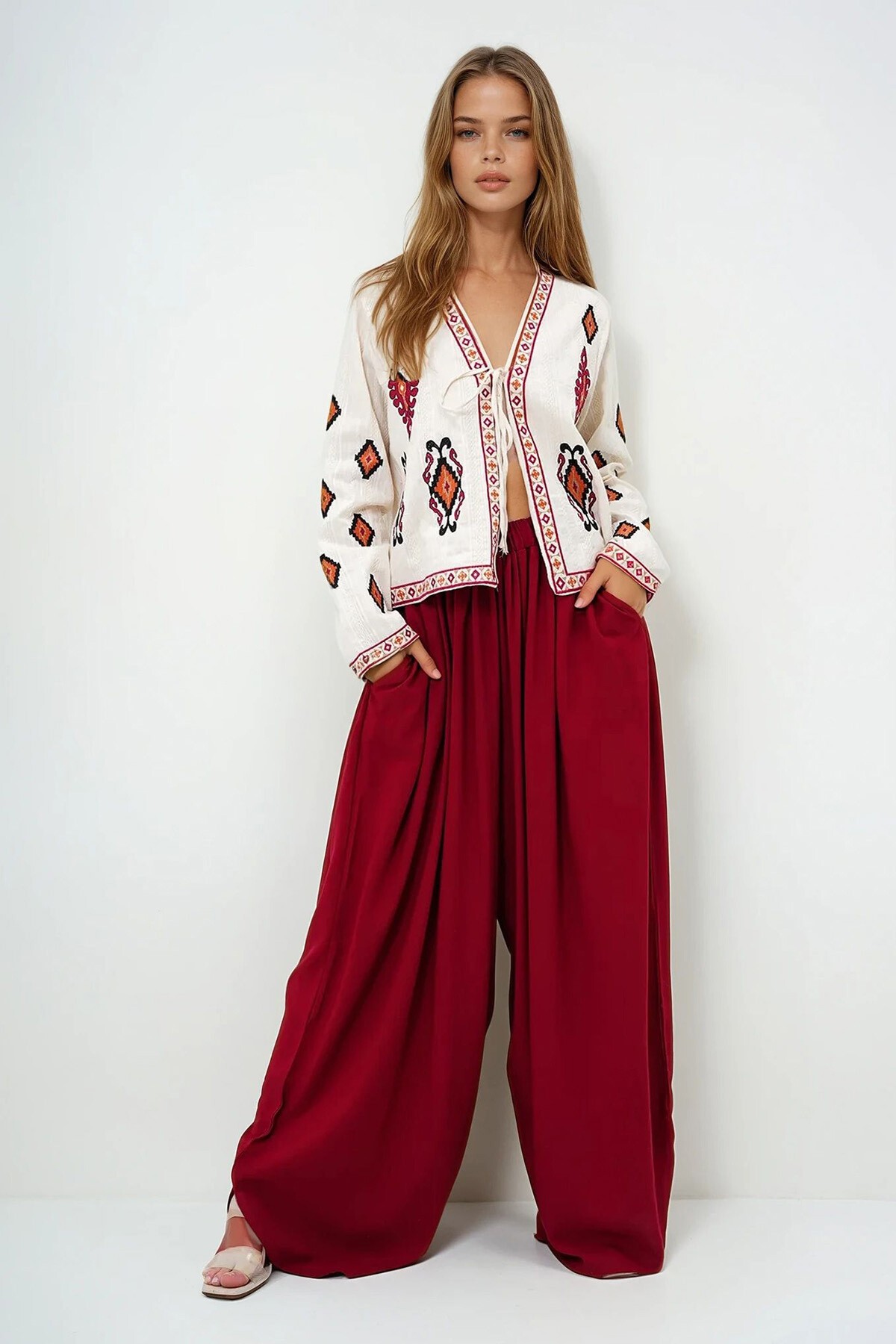 Bordo Çift Cepli Dökümlü Bol Kesim Dokuma Pantolon