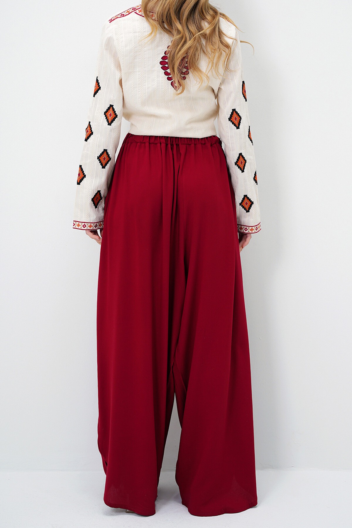 Bordo Çift Cepli Dökümlü Bol Kesim Dokuma Pantolon