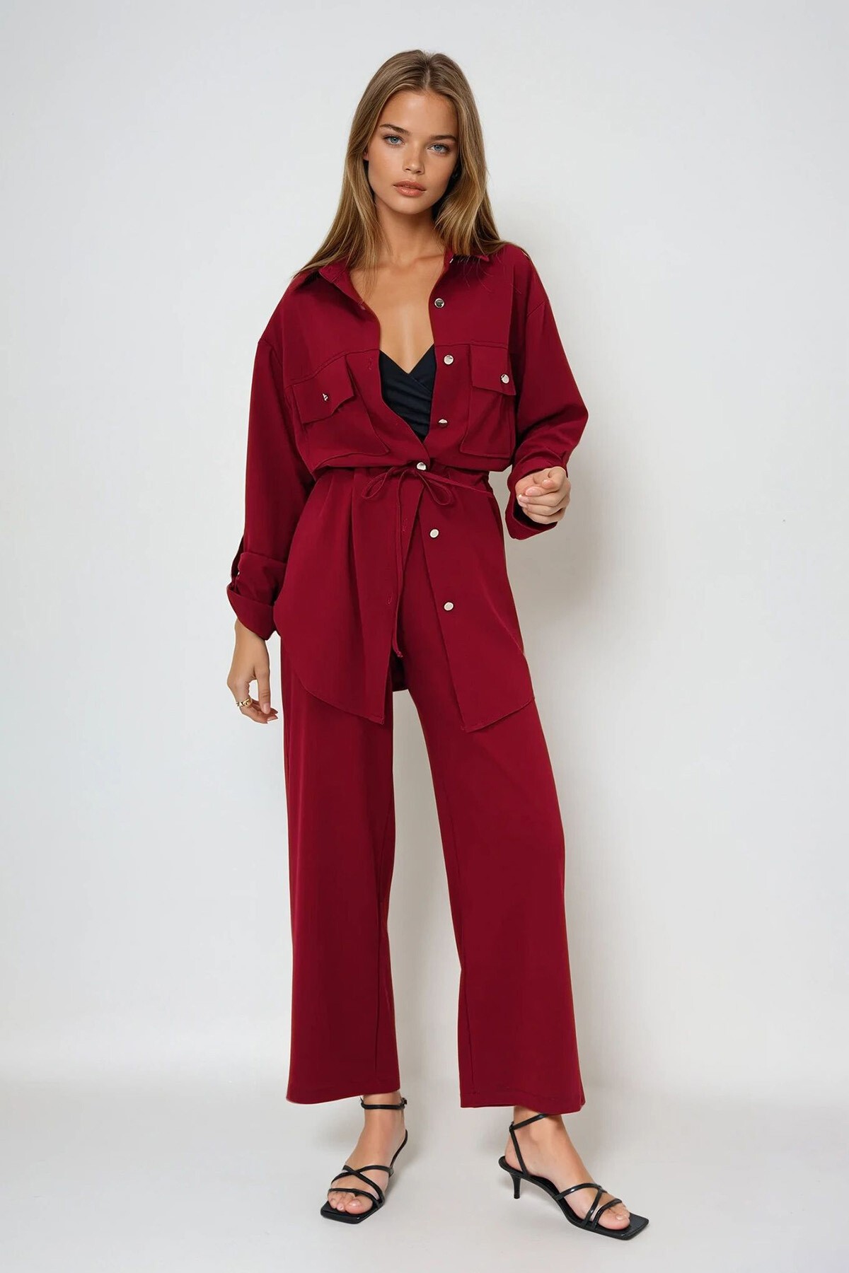 Bordo Çift Cepli Safari Ceket Ve Beli Lastikli Wide Leg Aerobin Pantolonlu Takım
