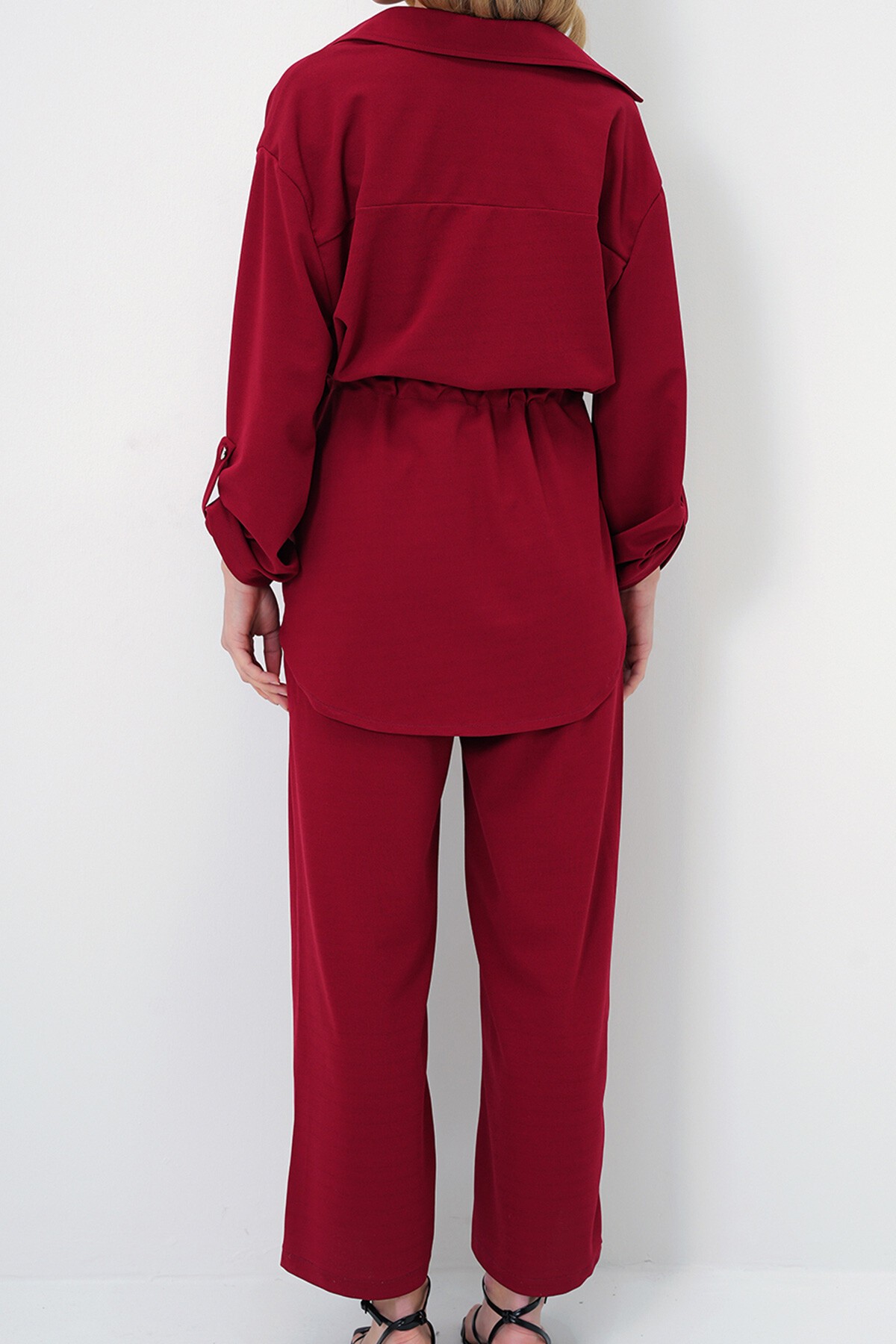 Bordo Çift Cepli Safari Ceket Ve Beli Lastikli Wide Leg Aerobin Pantolonlu Takım