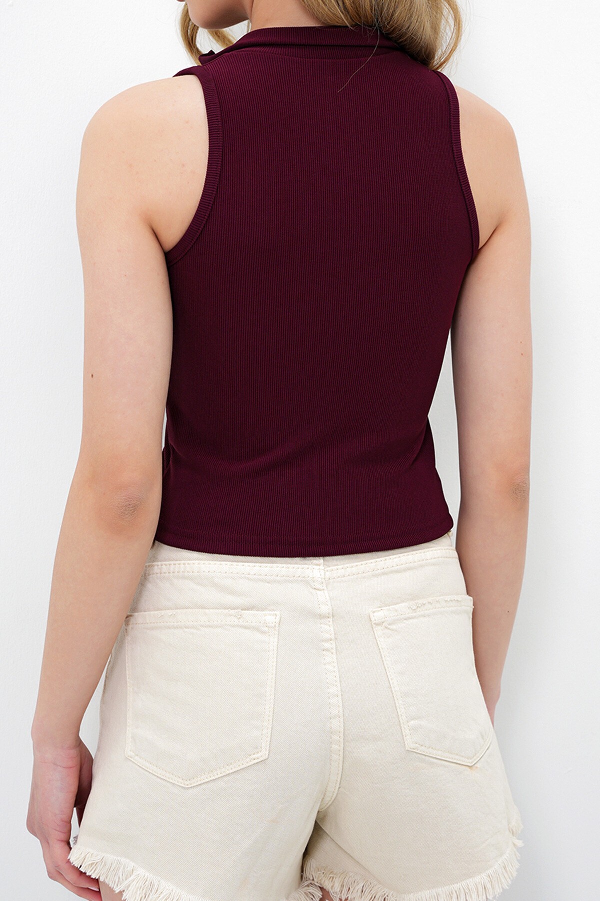 Bordo Dik Yaka Fermuarlı Ottoban Crop Bluz